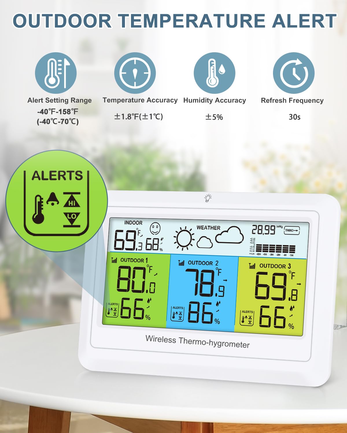 Stazioni meteorologiche con sensore esterno wireless per interni ed esterni, termometro igrometro con 3 sensori, termometro digitale umidità con display a colori, retroilluminazione, previsioni