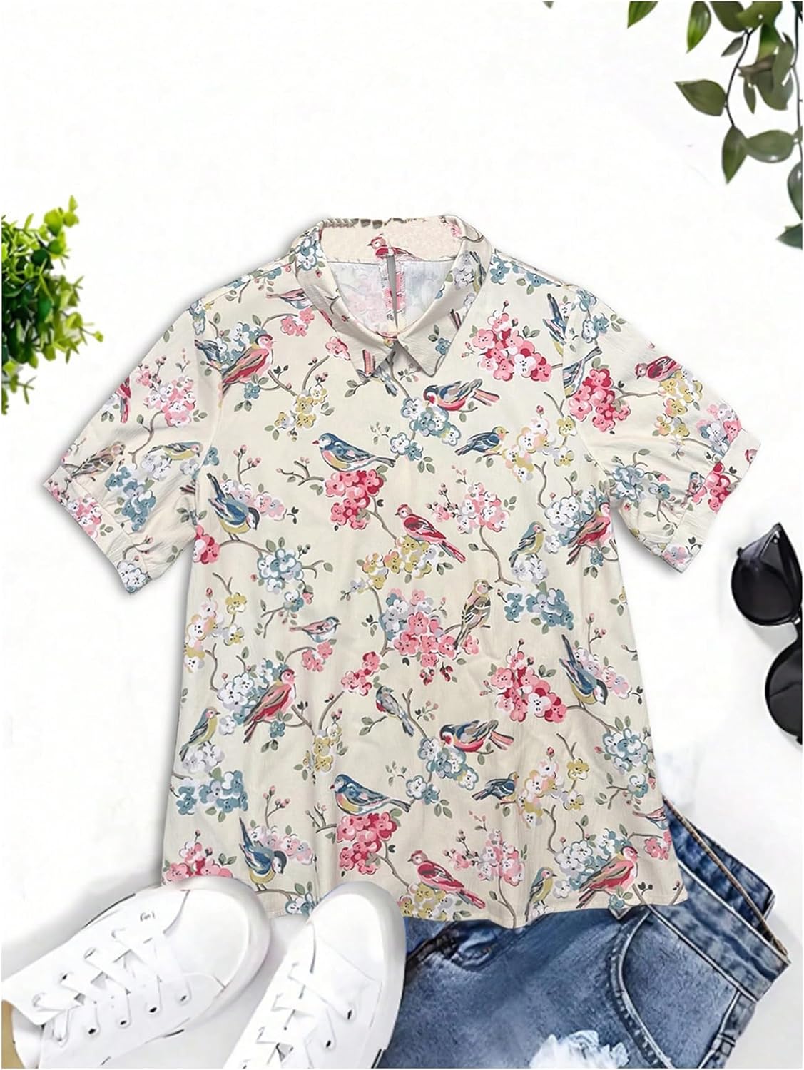 Verdusa Women's Boho Floral Tops Vacation Short Sleeve Collared Blouse Shirts Brunch Outfits - Image 3