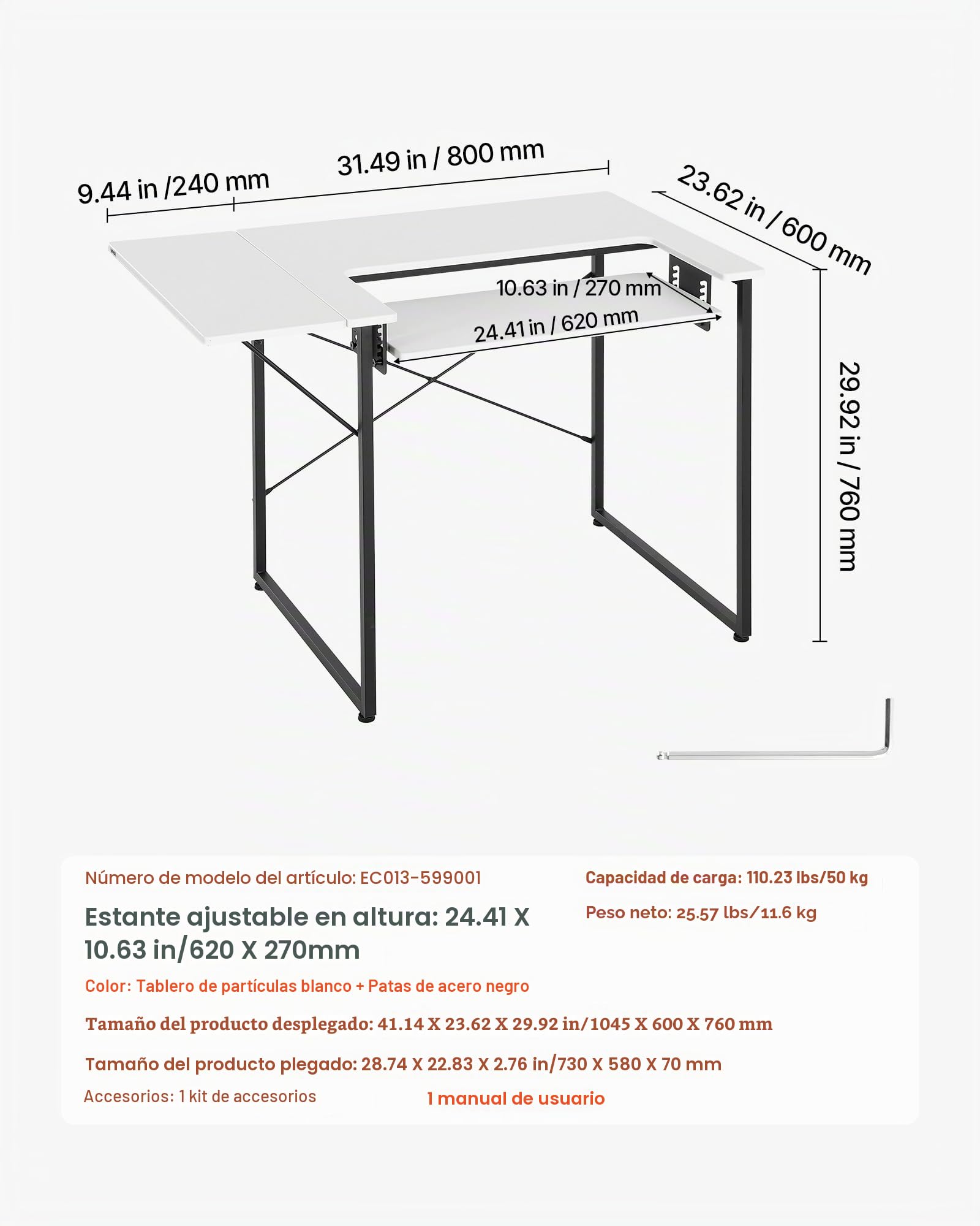 VEVOR Mesa de Costura con Tablero Plegable, Estante Ajustable y Patas de Acero, Multiusos, para Estudio de Moda en Casa, Estudio de Arte, Institución Educativa, Color Blanco, 1045 x 600 x 760 mm