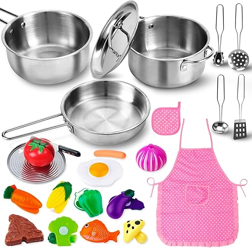 Juego de accesorios de cocina, juego de 25 ollas y sartenes para niños, juego de cocina de acero inoxidable con delantal de comida para jugar, juego