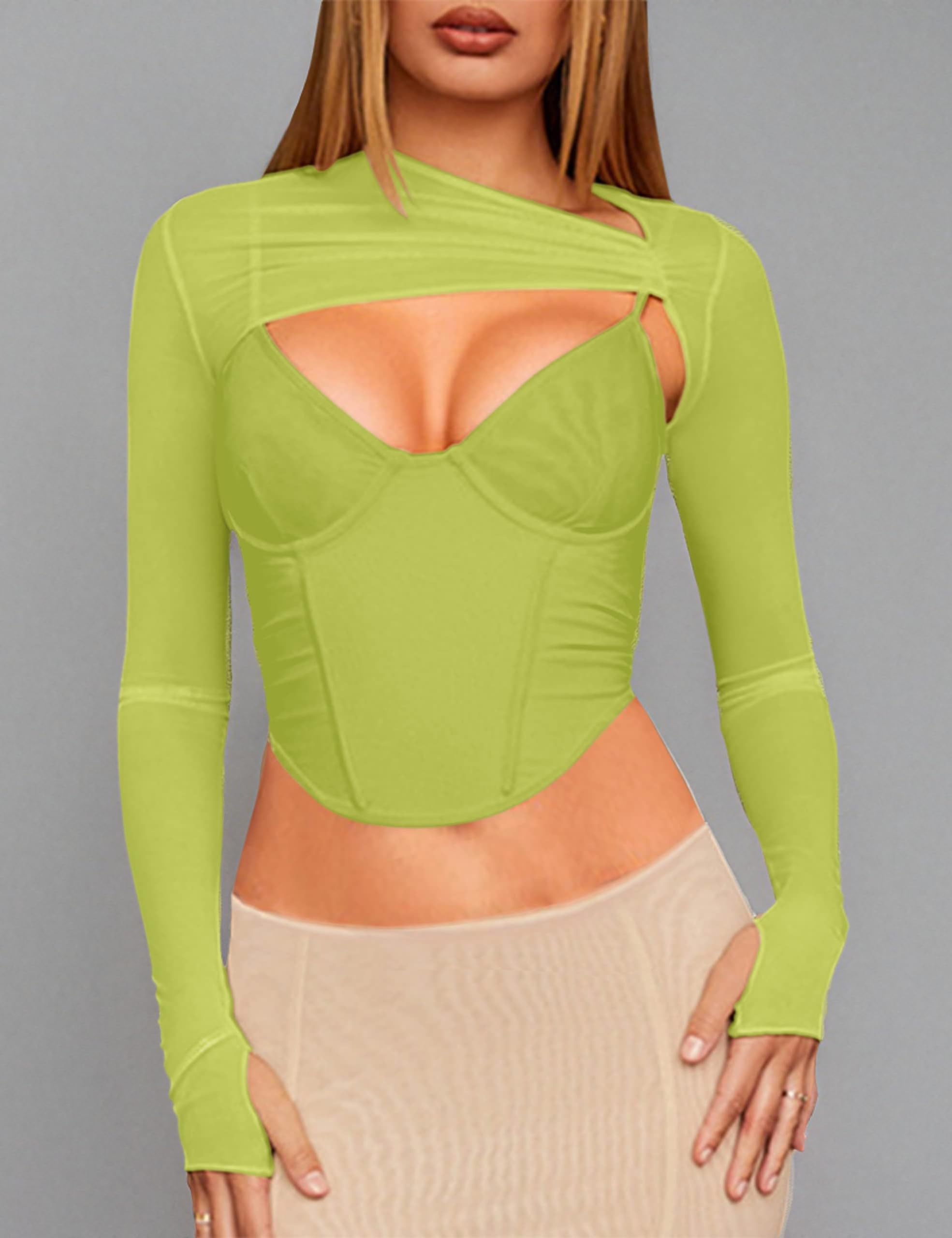 Meladyan Women Sexy Long Sleeve Mesh Crop Top Solid Cover Up Spaghetti Strap Slim Fit Corset Cami 2 pieces Clubwear