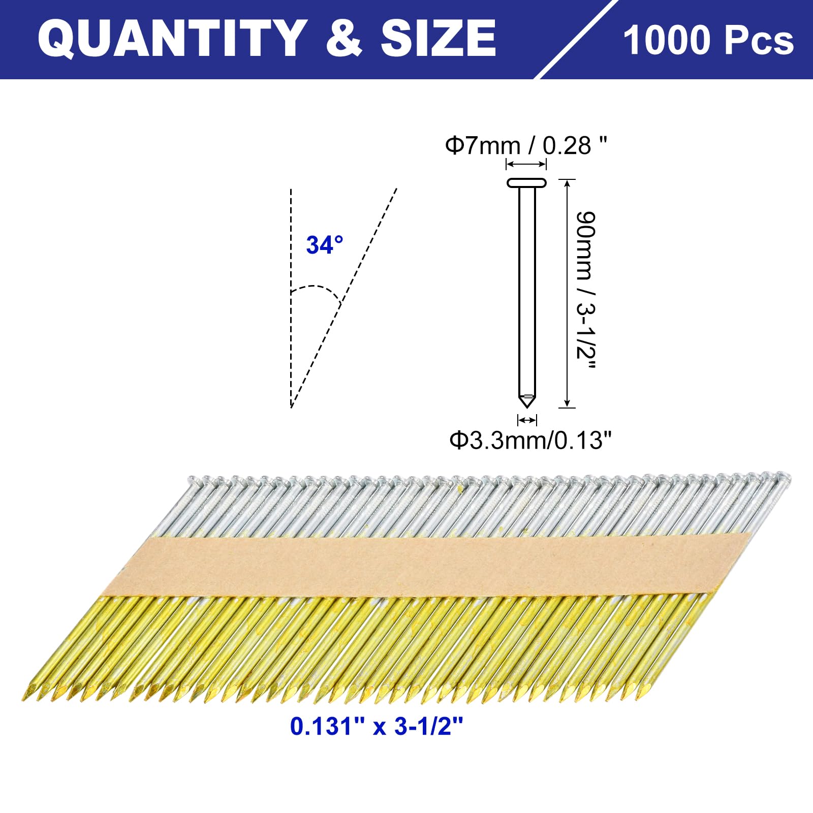 QUARKZMAN 1000Pezzi Chiodi Da Carpentiere 34 Gradi 0.131" x 3-1/2", Chiodi In Acciaio Al Carbonio Zincati A Collana Di Carta Per Mobili/Edilizia, Colore Zincato