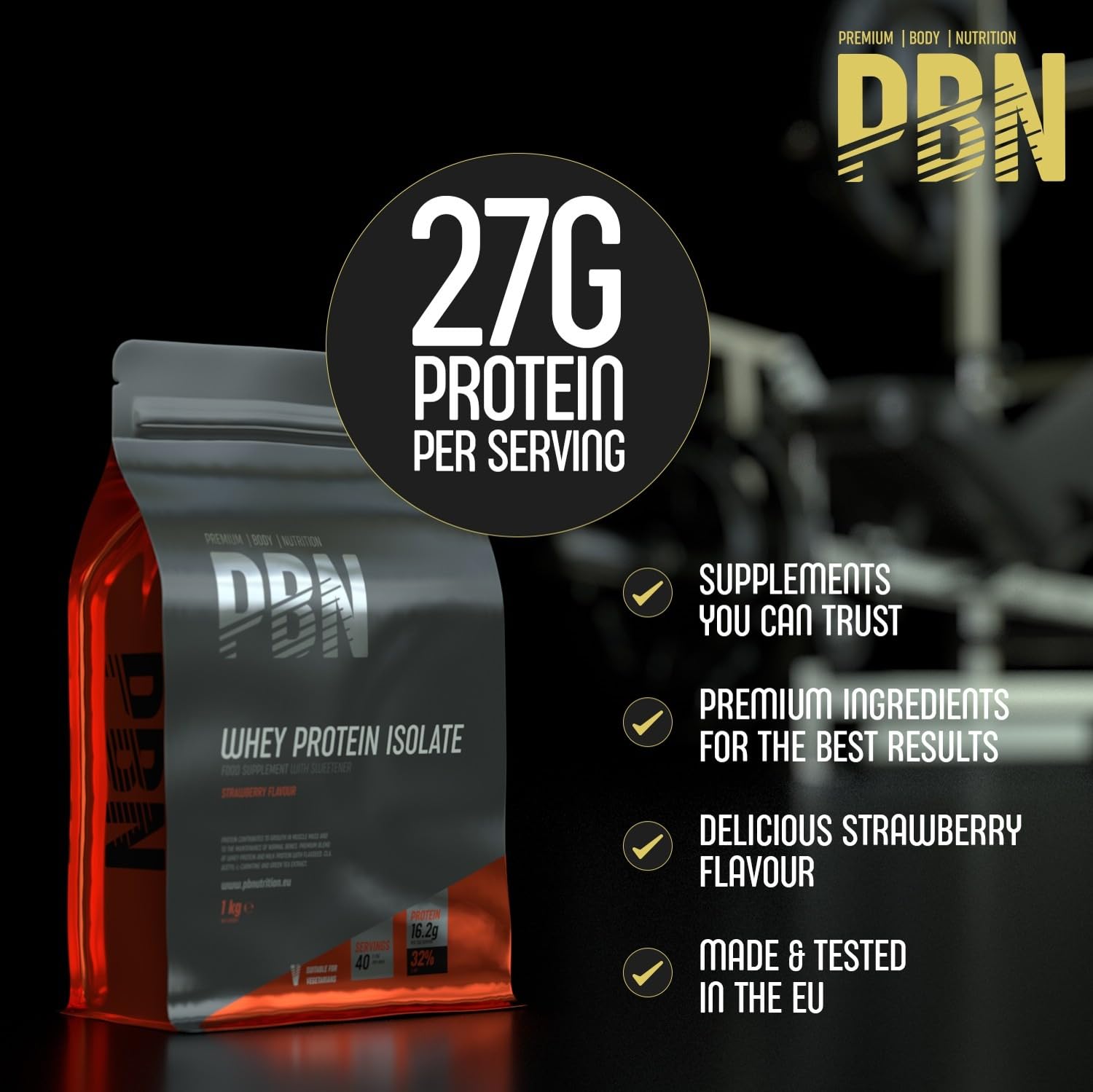 PBN - Premium Body Nutrition - Poudre de Protéines Whey Isolat, 1kg, Fraise - 33 Portions