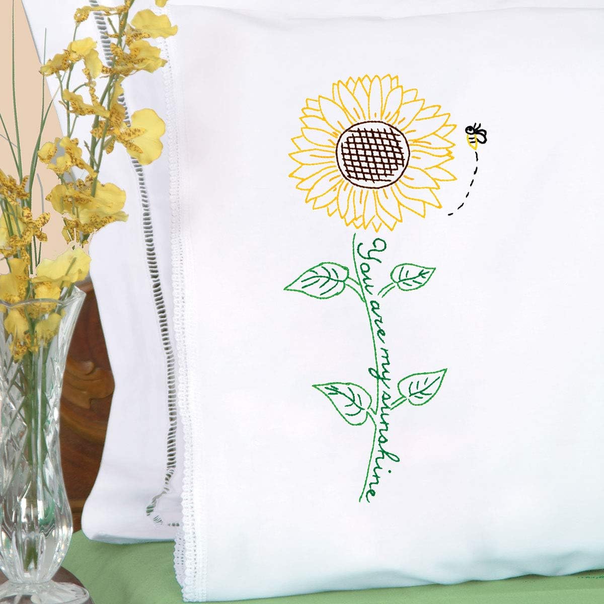 Jack Dempsey Needle Art Sunflower Hand Embroidery, standard size, White