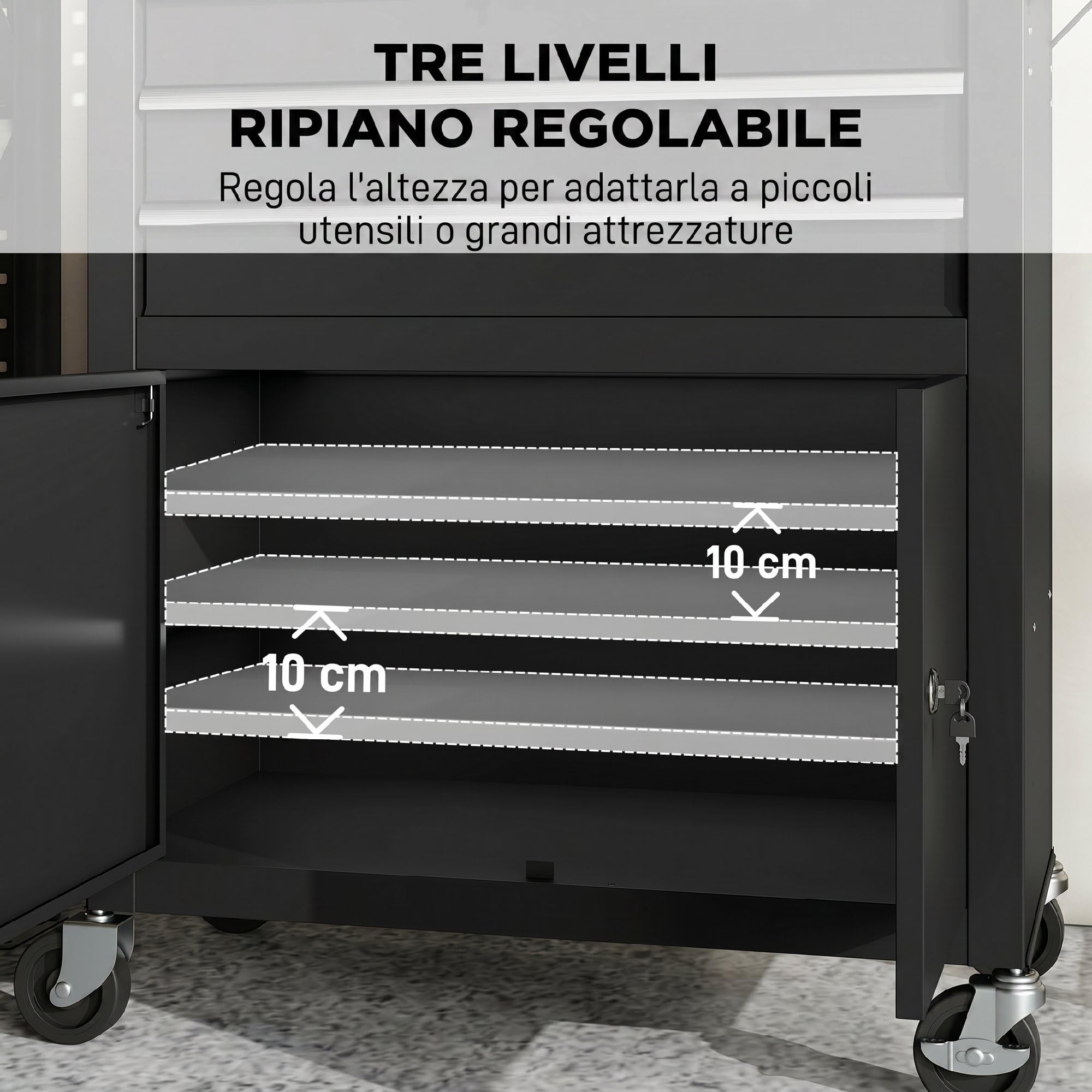HOMCOM Carrello Porta Attrezzi in Acciaio con Serrature, Carrello Portautensili da Officina con Piano di Lavoro, 3 Cassetti, Armadio, Pannelli Forati, Ruote, Maniglia, Capacità 80kg, Nero