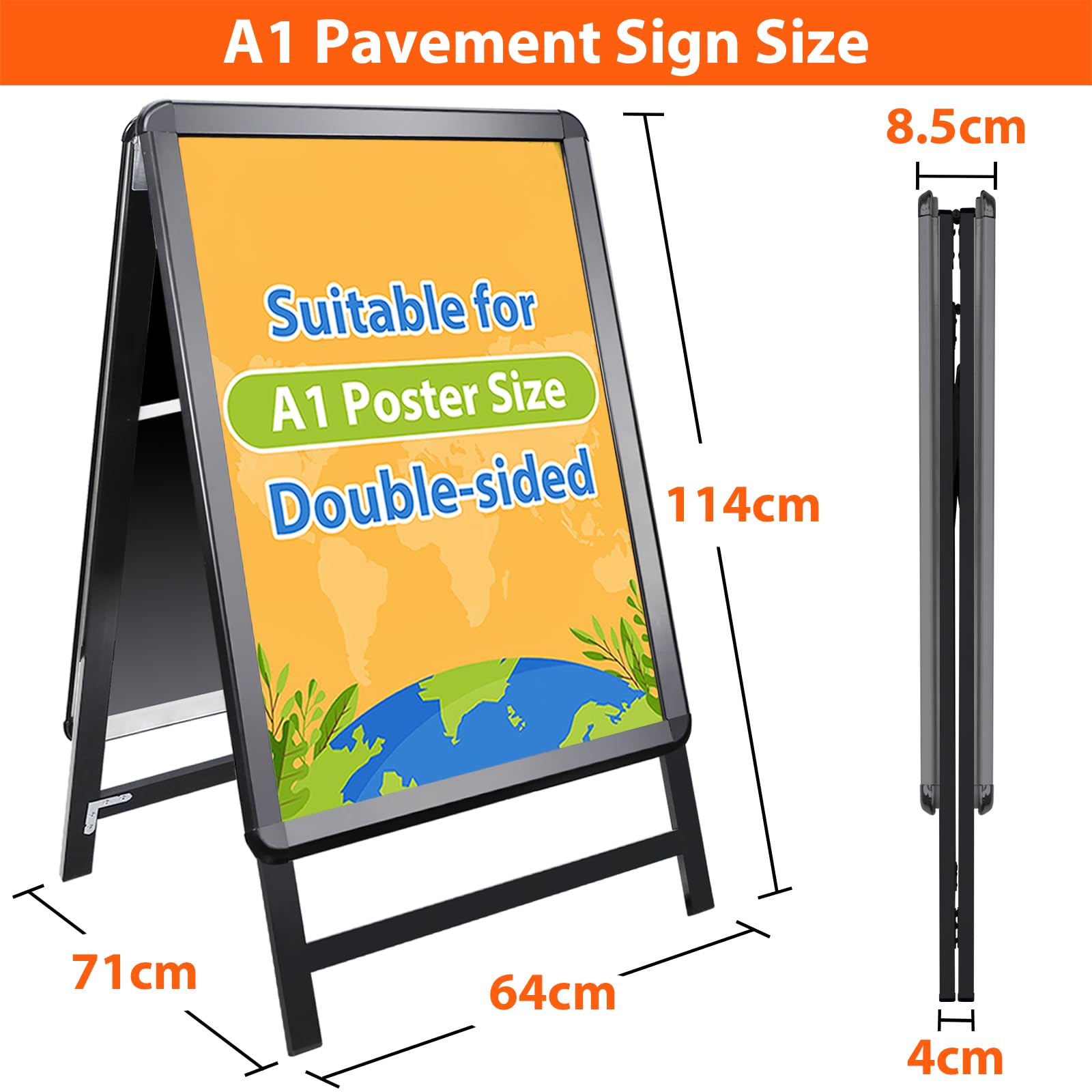Panneau de Trottoir A1 - Stop Trottoir Extérieur, A-Board Double Face Porte-Affiche, Panneau Publicitaire sur Pied pour Restaurants, Parkings & Galeries Marchandes (Noir,A1)