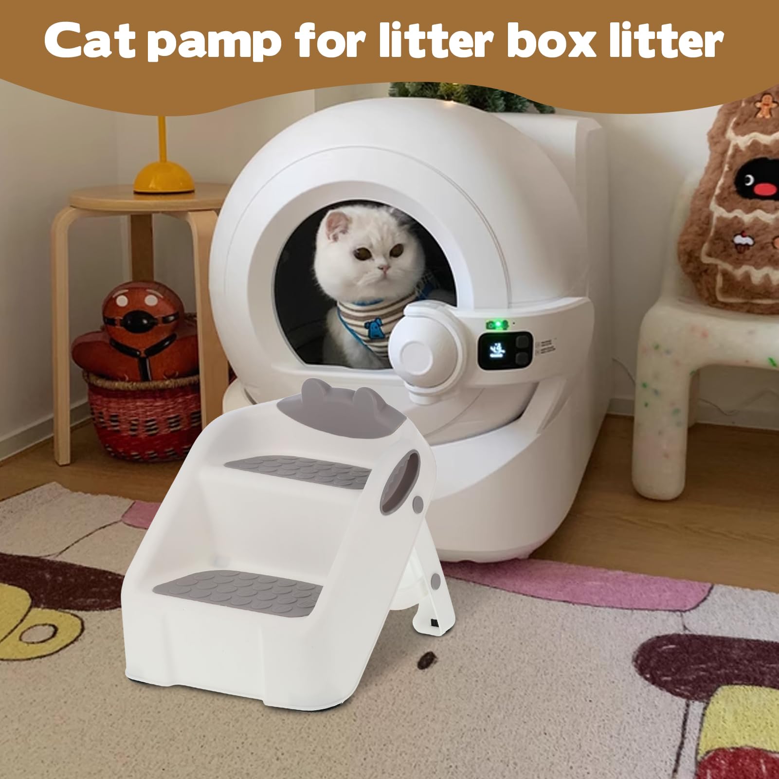 Rampe pour chat pour bac à litière, rampe en plastique blanc pour litière automatique, marches double couche avec pieds en caoutchouc antidérapants, marche pour chats de petite taille et âgés