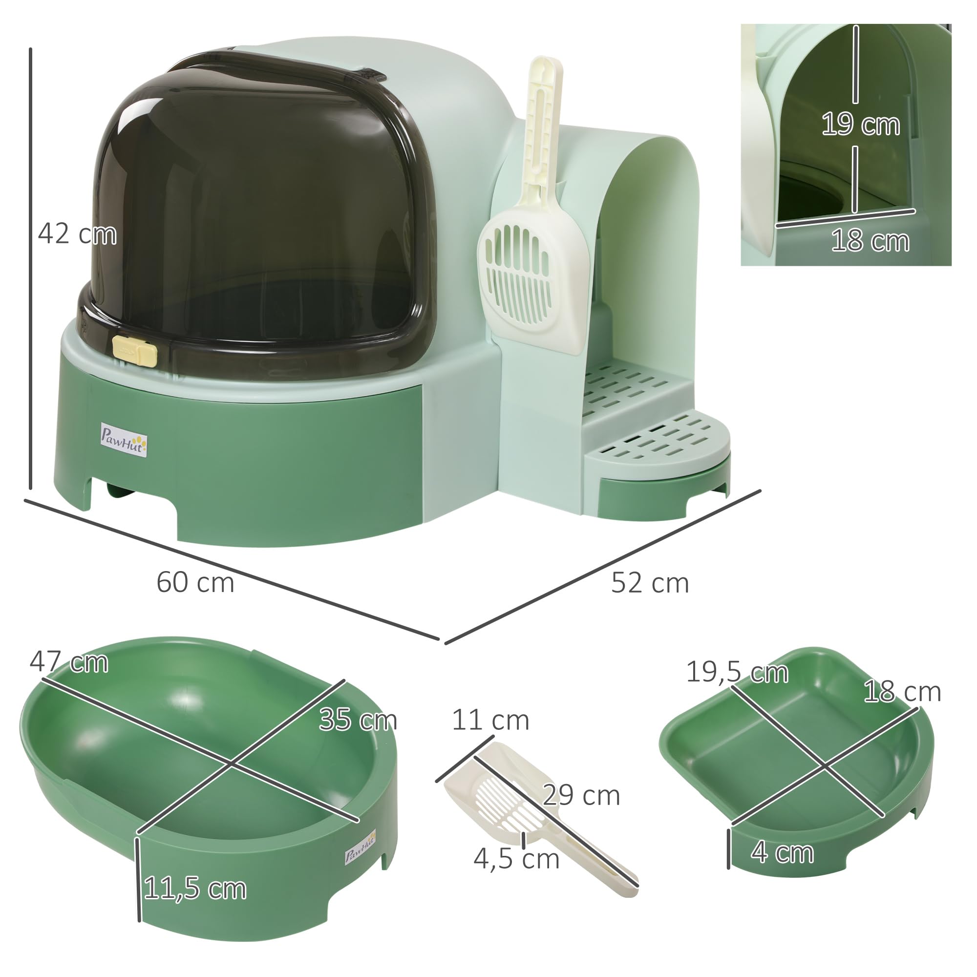 PawHut Arenero para Gatos con Cubierto Caja de Arena para Gatos en Forma de Cápsula Espacial con 2 Bandejas Extraíbles y Pala 52x60x42 cm Verde