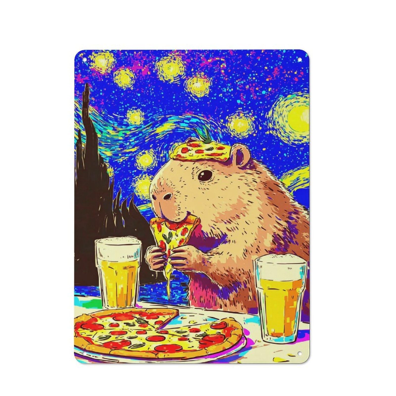Junmoney Groundhog Eating Pizza With Beer Decorative Tin Sign With Design 40X30cm, Farmhouse Cottage Wall Art For Farmhouse Kitchen, Pantry Or Dining Area