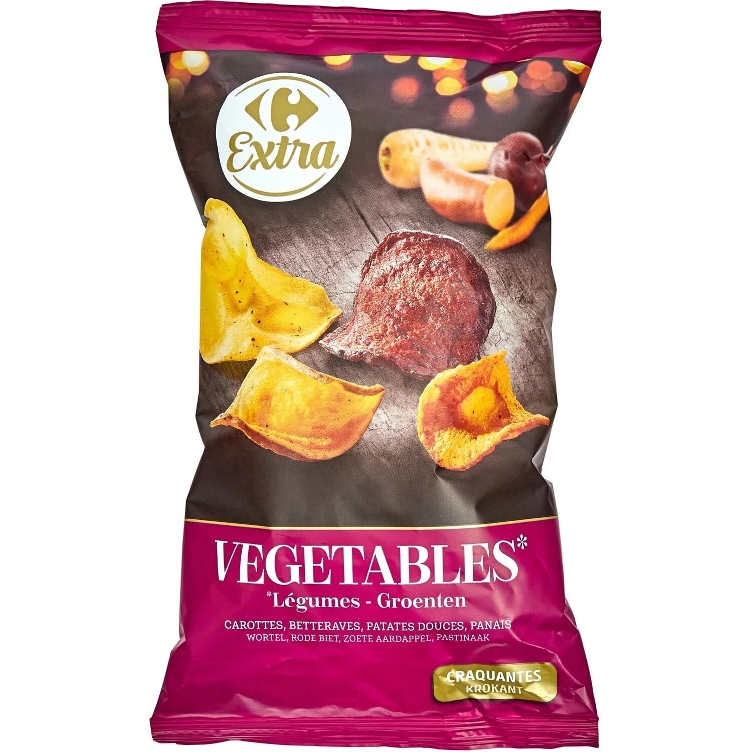 CARREFOUR EXTRA - Chips Mélange de 4 Légumes - Carottes, Betteraves, Patates Douces et Panais · Extra Croustillantes - le paquet de 100g - Le Lot De 4