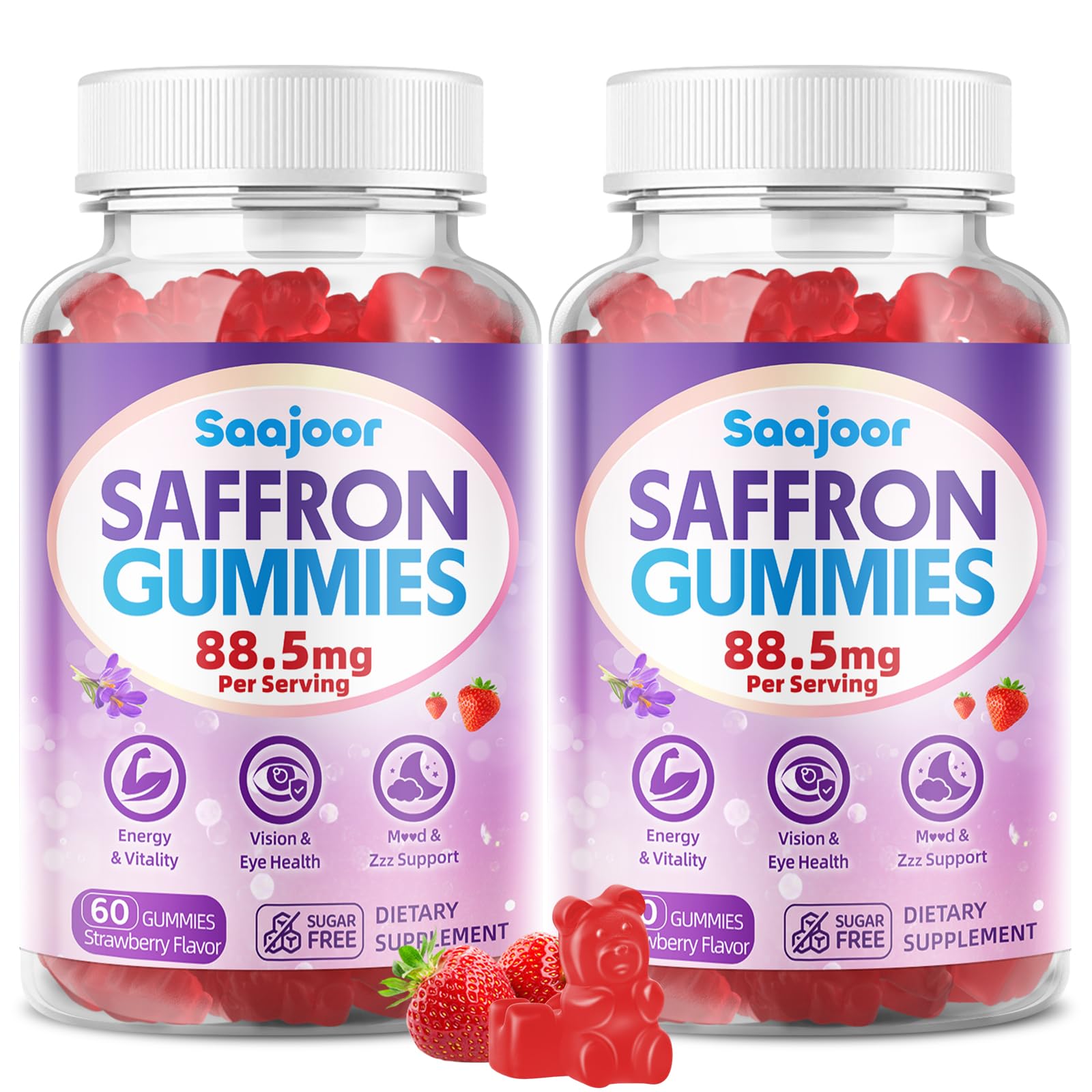 Saffron Gummies for Adult Kids - with Saffron 88.5mg, Vitamins D3 & B6, Magnesium, Zinc, Ashwagandha, L - Theanine, St. John's Wort - Supports Mood & Focus, Strawberry Flavor, 120 Count 2pack