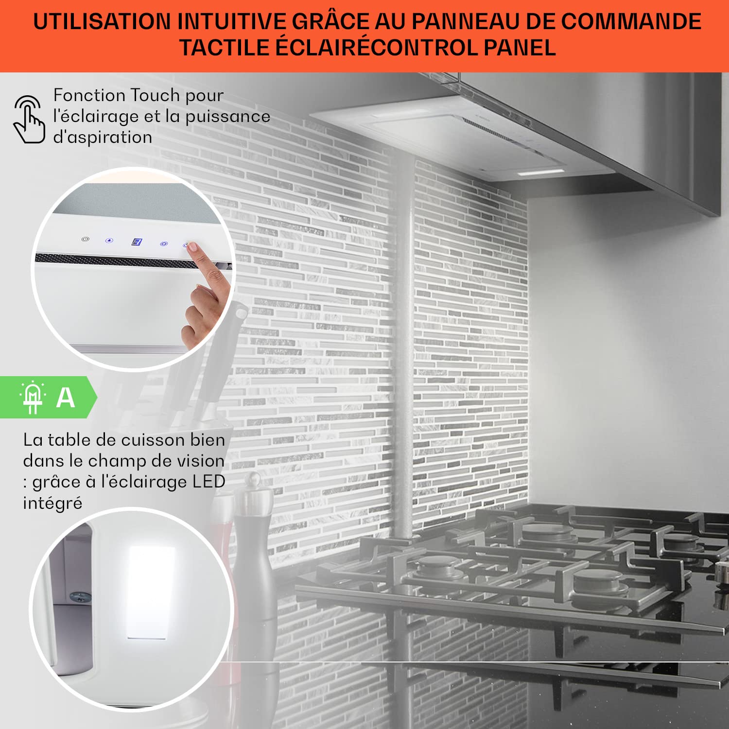 Klarstein Hektor Hotte aspirante encastrable - Hotte aspirante, 52 cm, 190W, 530 m³/h de puissance d’extraction, Écran tactile LED, Blanc