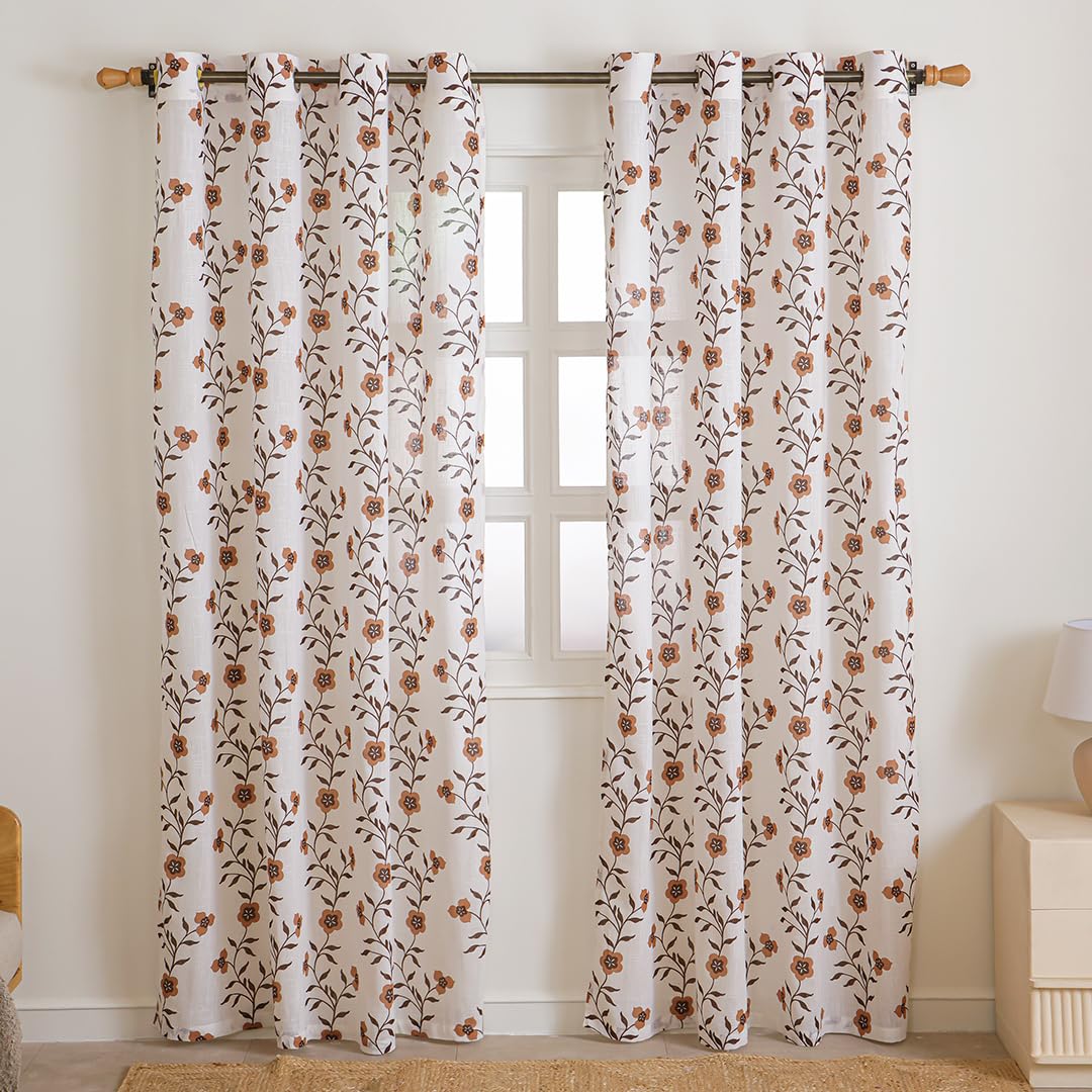 HOMEMONDE Cotton Door 7 Feet Curtains Set of 2- Floral Printed Sheer Light Filtering Curtain with Eyelets - (84 Inches, Velora Vines)