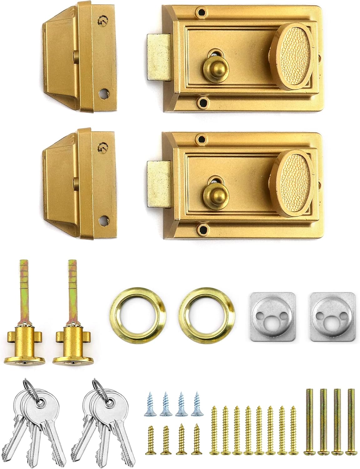 QWORK Night Latch Deadbolt Rim Lock with Key, 2Pack Gold Finish Antique Style Lock with Front Door Key