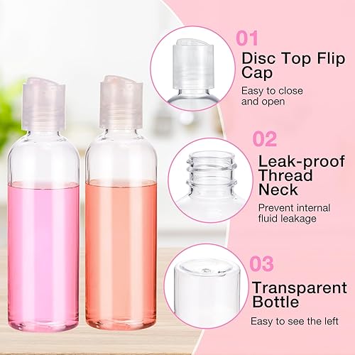 Miniatura 3 de Roshtia 50 botellas de viaje de plástico de 3.4 onzas con tapas de disco, recipientes vacíos transparentes de tamaño de viaje, a prueba de fugas,