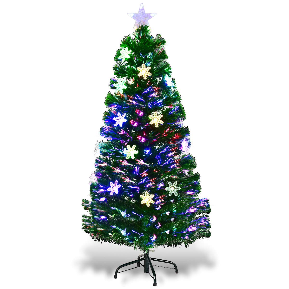 DREAMADE Sapin de Noël Artificiel 90CM/120CM/150CM/180CM avec 12/18/24/28 Lampes à LED, Arbre de Noël en PVC avec Flocon de Neige, Etoile au Sommet d’Arbre et Pieds en Fer, Vert (120cm)