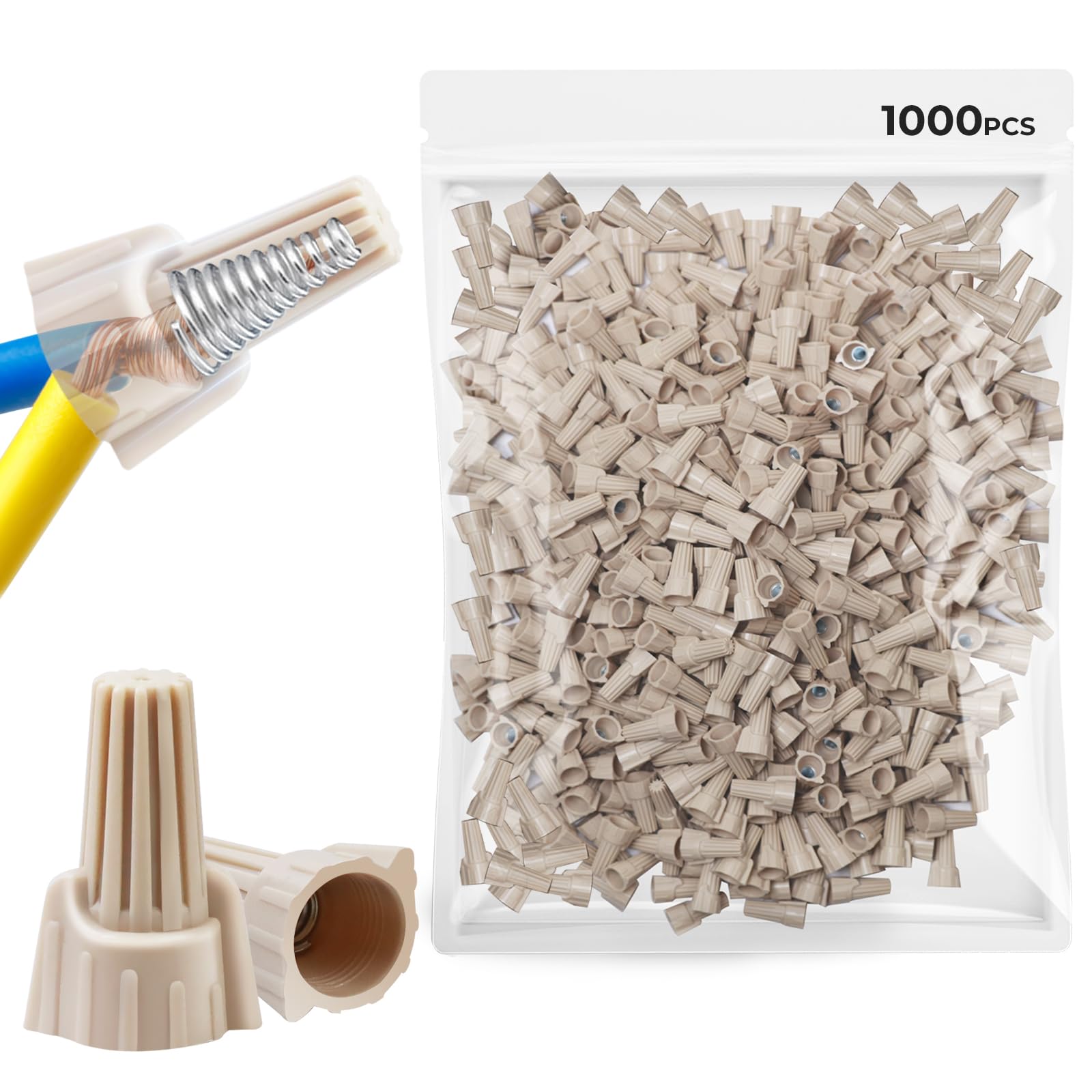 Leepenk Tan Wire Nuts Connectors P12 22-10AWG Twist Wire Caps Electrical Wire Connectors, Winged Springs Screw Terminals Wire Nuts Assortment Kit for Wire Connection(1000 pcs)