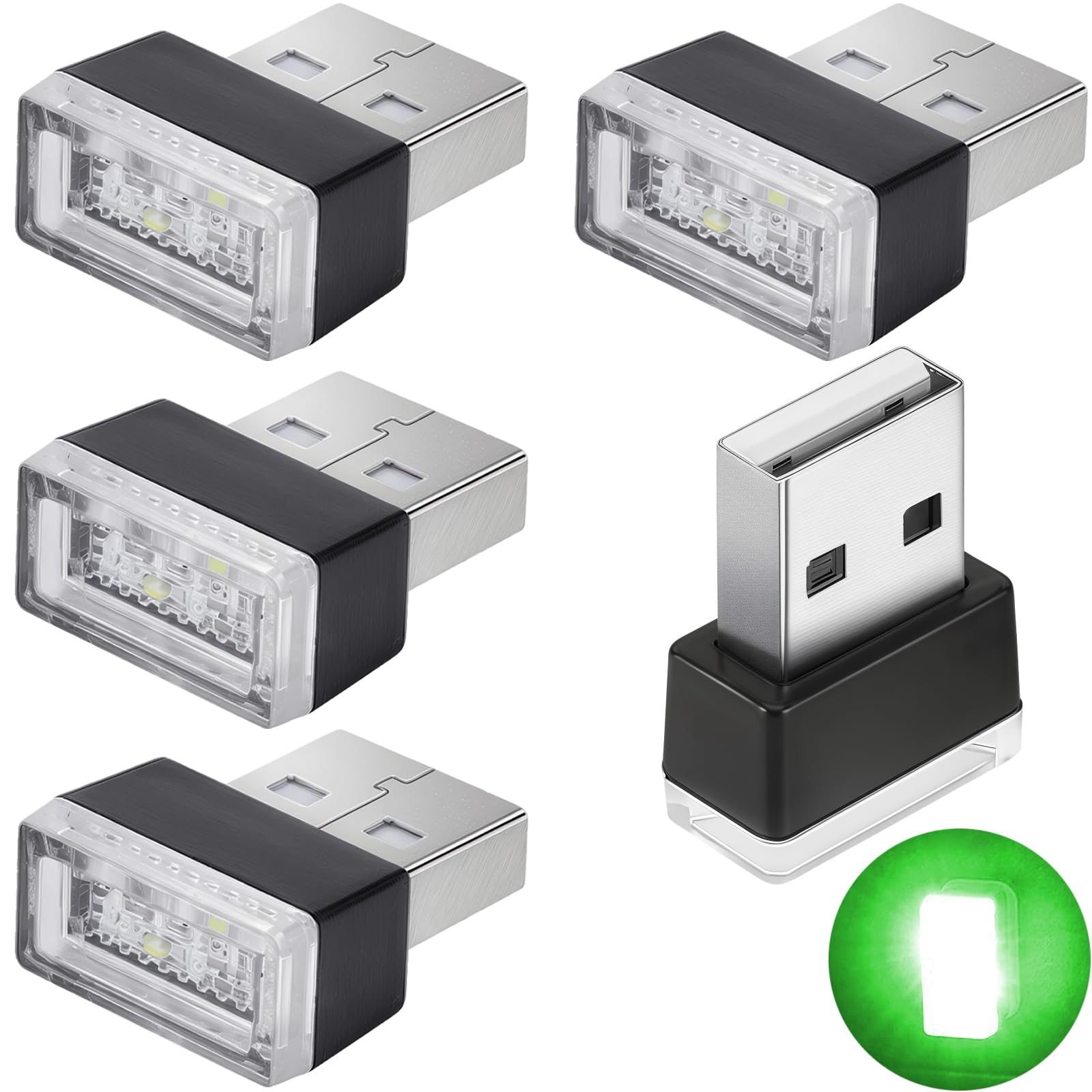 CTRICALVER Luce USB Auto, 5pcs Luci Ambiente, 5V Mini Kit per interni per auto, Interne LED Portatili, per la maggior parte dei dispositivi con porte (verde）
