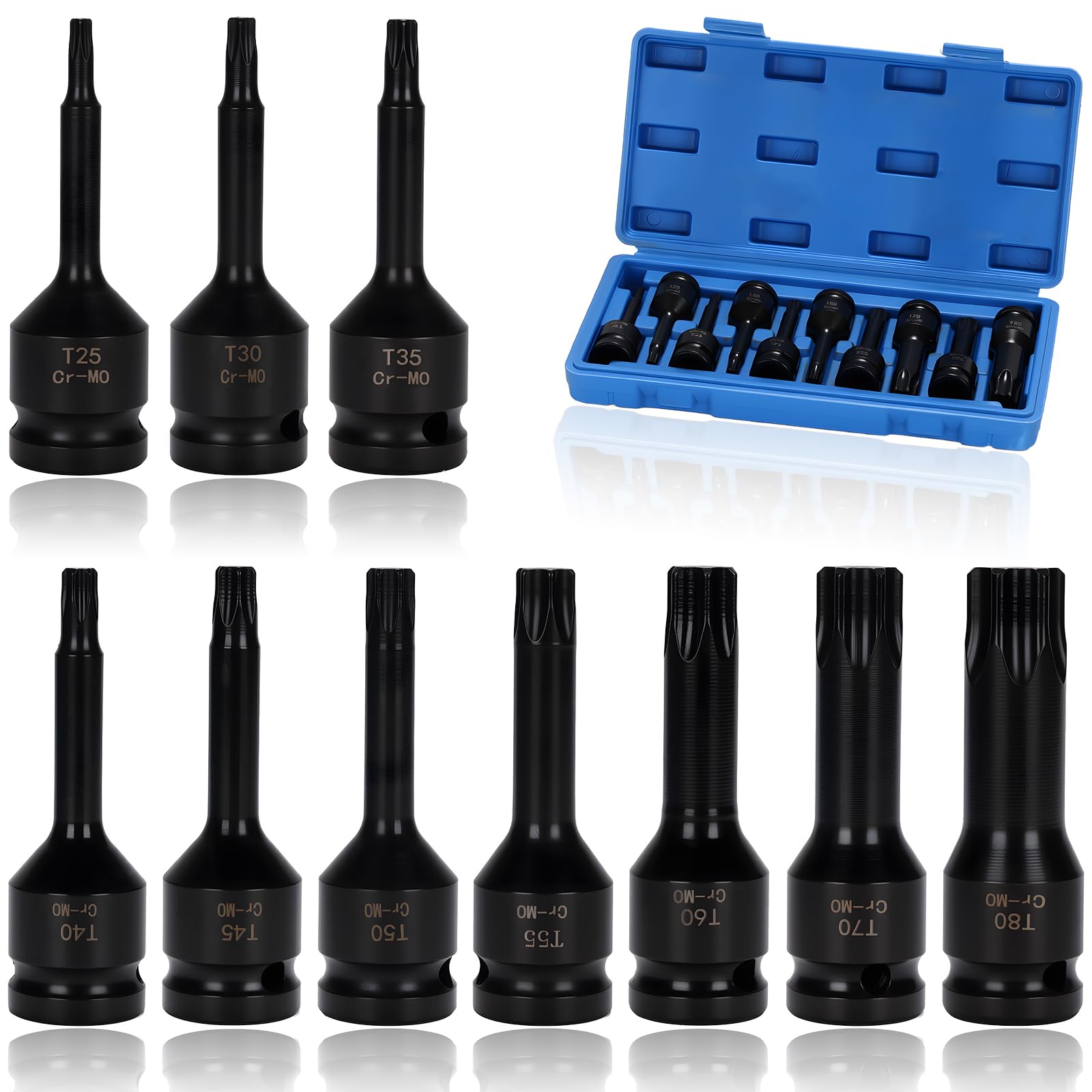 10 Piezas llaves de vaso de impacto XZN, Juego de Llaves de Vaso Multidientes 1/2”, M5,M6,M8,M10,M12,M14,M16,M17,M18,M19