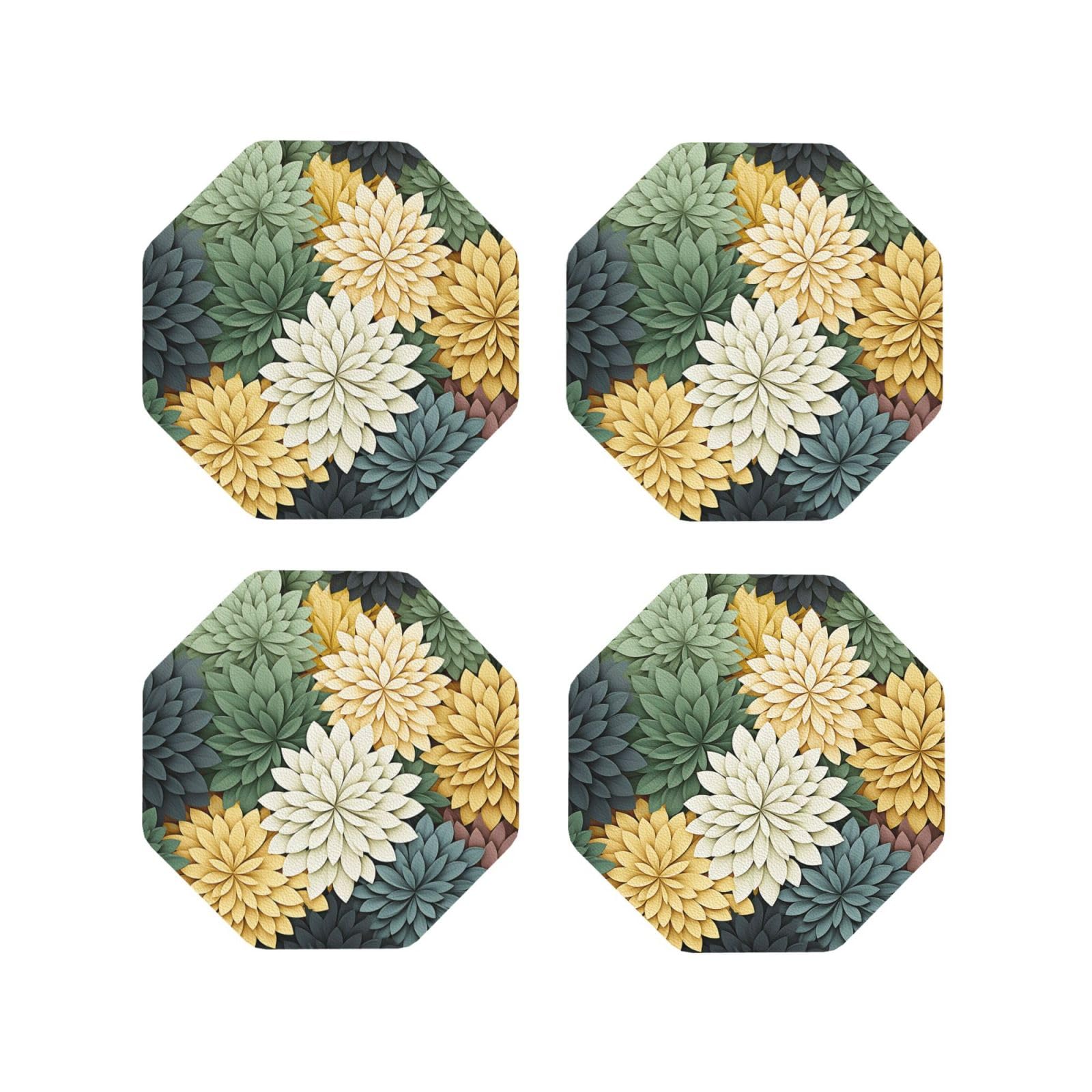 4Pcs PU Leather Coaster for Drinks, Petals Garden Leaves Cup Coastersr 4" Cup Mat Pad, Aesthetic Drink Coasters for Coffee Table, Octagon Coaster for Tabletop Protection