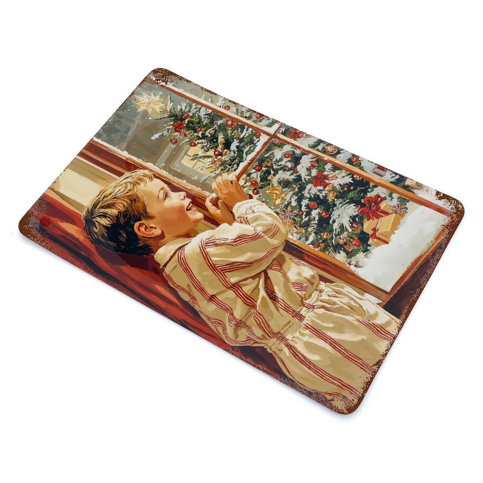 Boy Gazing at Christmas Tree Rustic Tin Plaque 11.8"x7.9", for Shed, Workshop And Garage Wall Decor, Shabby Chic Decor