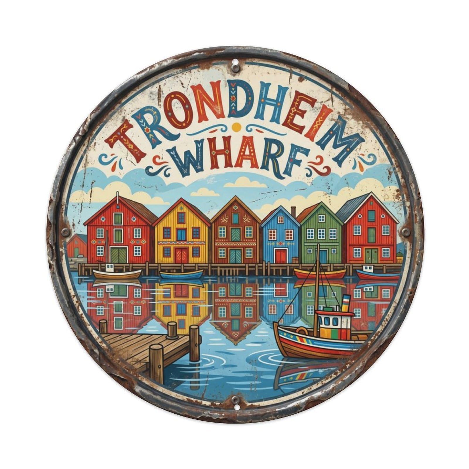 Vintage Travel Trondheim Norway Wharf Metal Tin Sign Plaque Wall Decor for Cafe, Club Bar, Office, Home Garden Round Metal Poster 8x8Inch
