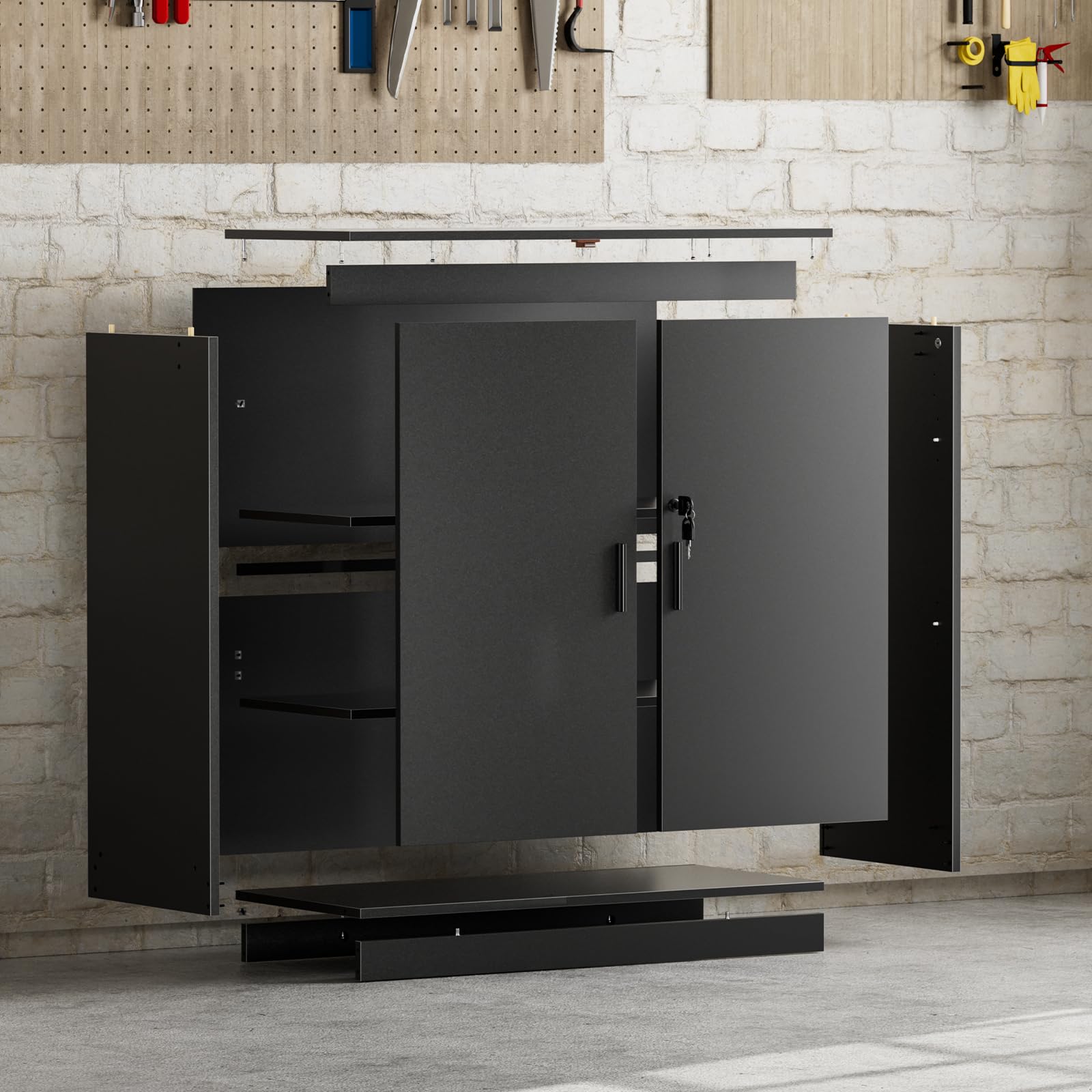Armoire de Bureau, Meuble Rangement Bureau Fermant à clé, 15mm Armoire de Rangement pour Garage Salon Chambre Buffet Imprimante Papier Administratif avec 2 Porte, Placages Réglables, Noir