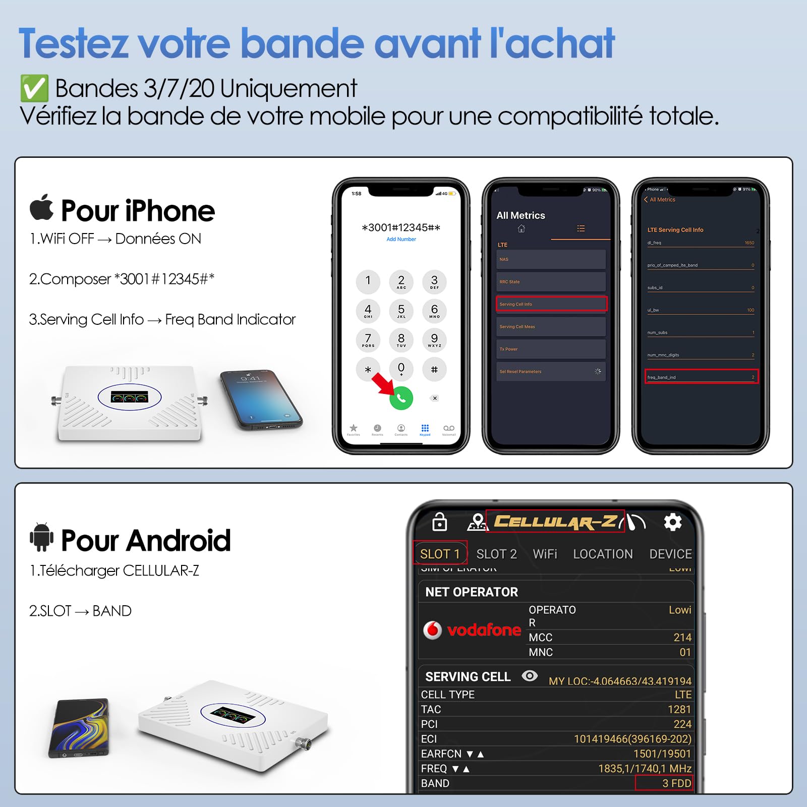 Amplificateur de Signal Mobile 800/1800/2600 MHz (bandes 20/3/7) Amplificateur de Couverture Mobile LTE 4G 3G Répéteur 4G Compatible avec Orange, SFR, Bouygues, Free pour une utilisation à domicile/au