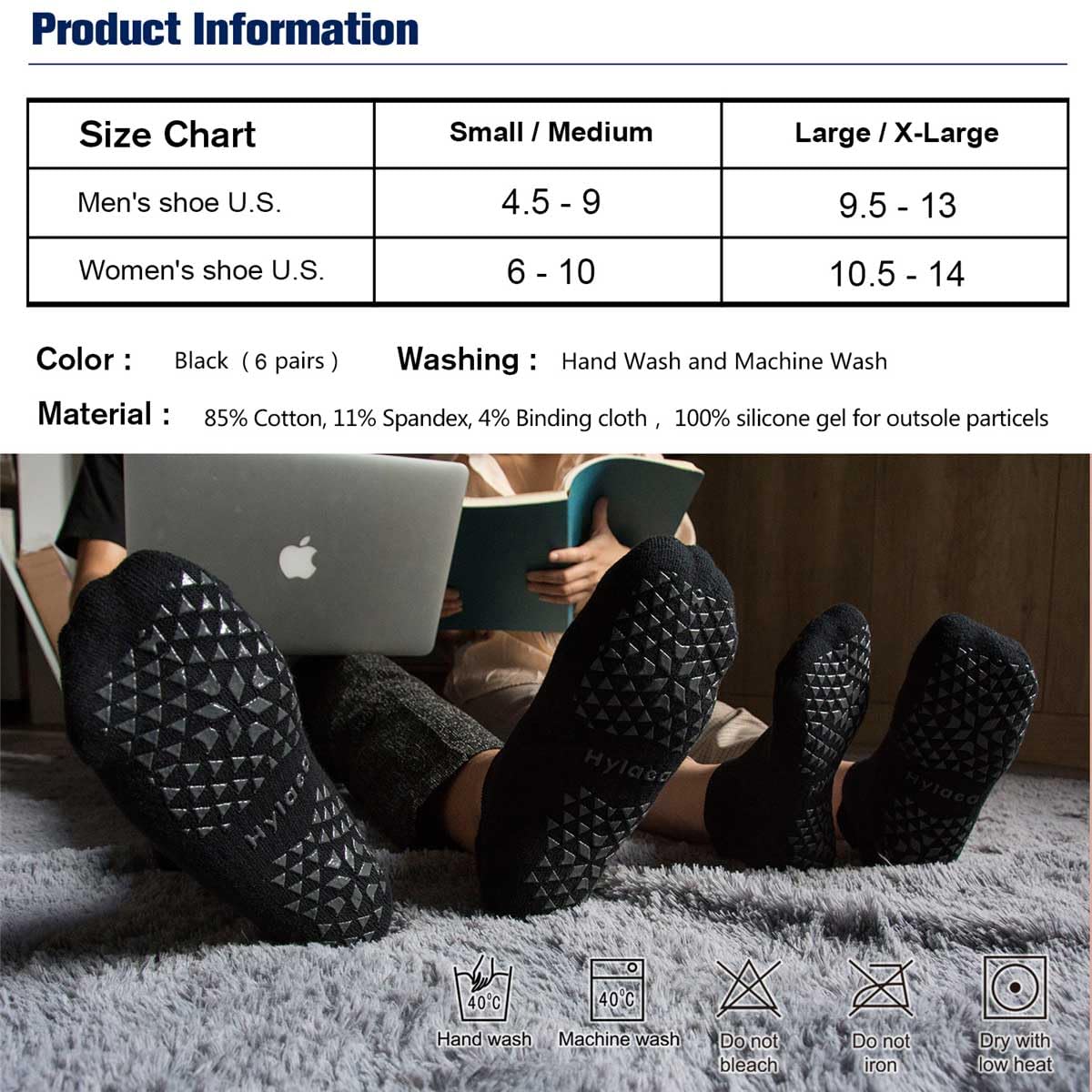 Hylaea Calcetines antideslizantes unisexo con suela de goma para pilates, yoga, la casa, diabéticos | algodón, tobillo, dar un paseo en casa