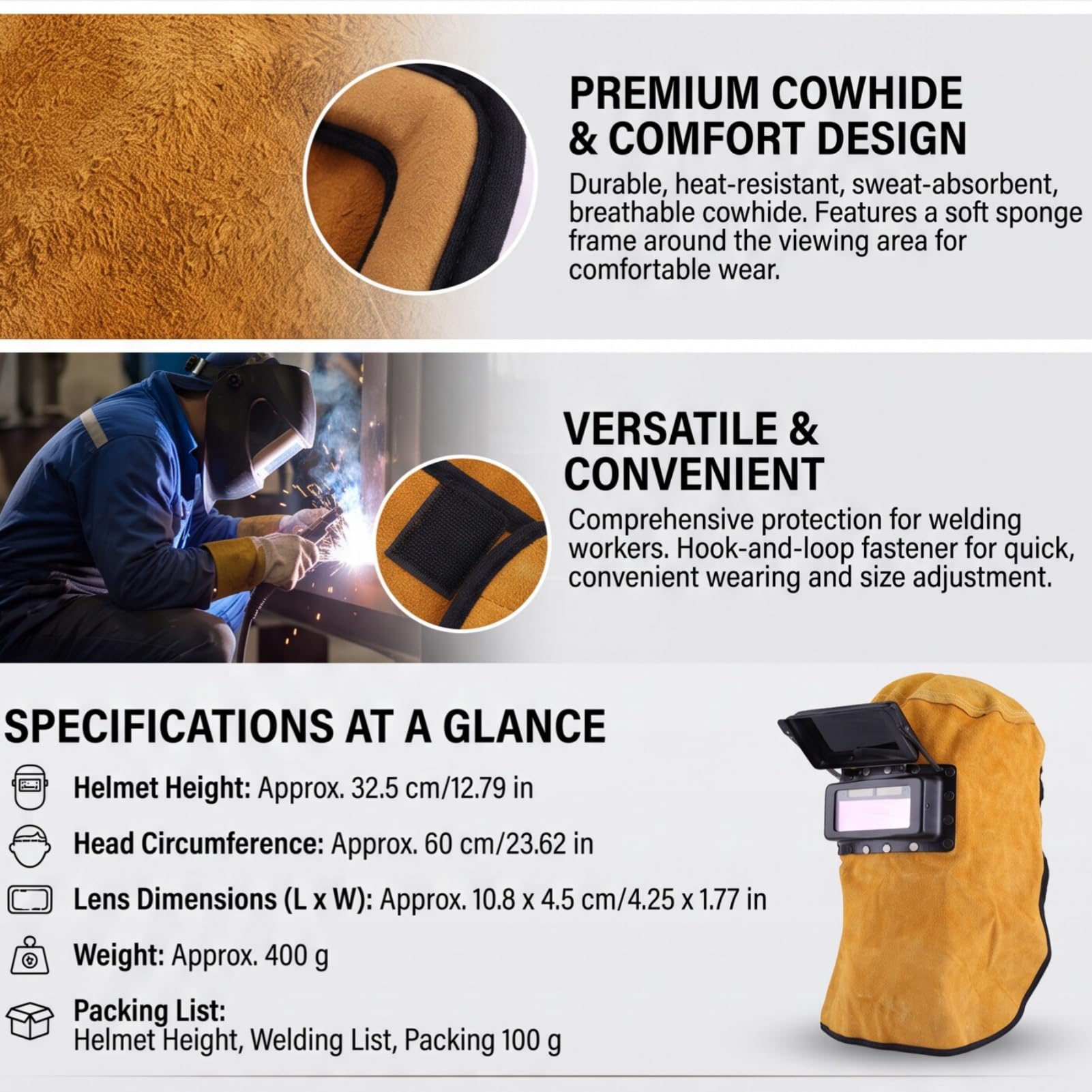 Casco de Soldadura de Cuero con Lente de Oscurecimiento Automático para Protección Facial y Cuello Pantalla de Soldador con Ajuste Rápido y Material Transpirable