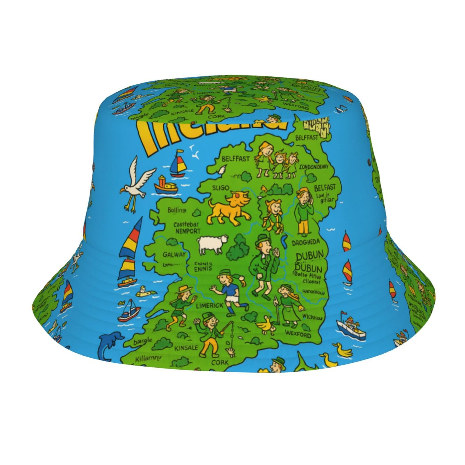 FHIZOAL Irish Map with Cartoon Charac Bucket Hat Summer Sun Cap Wide Brim Fashion Foldable Outdoor Hiking Fishing Beach Travel Black