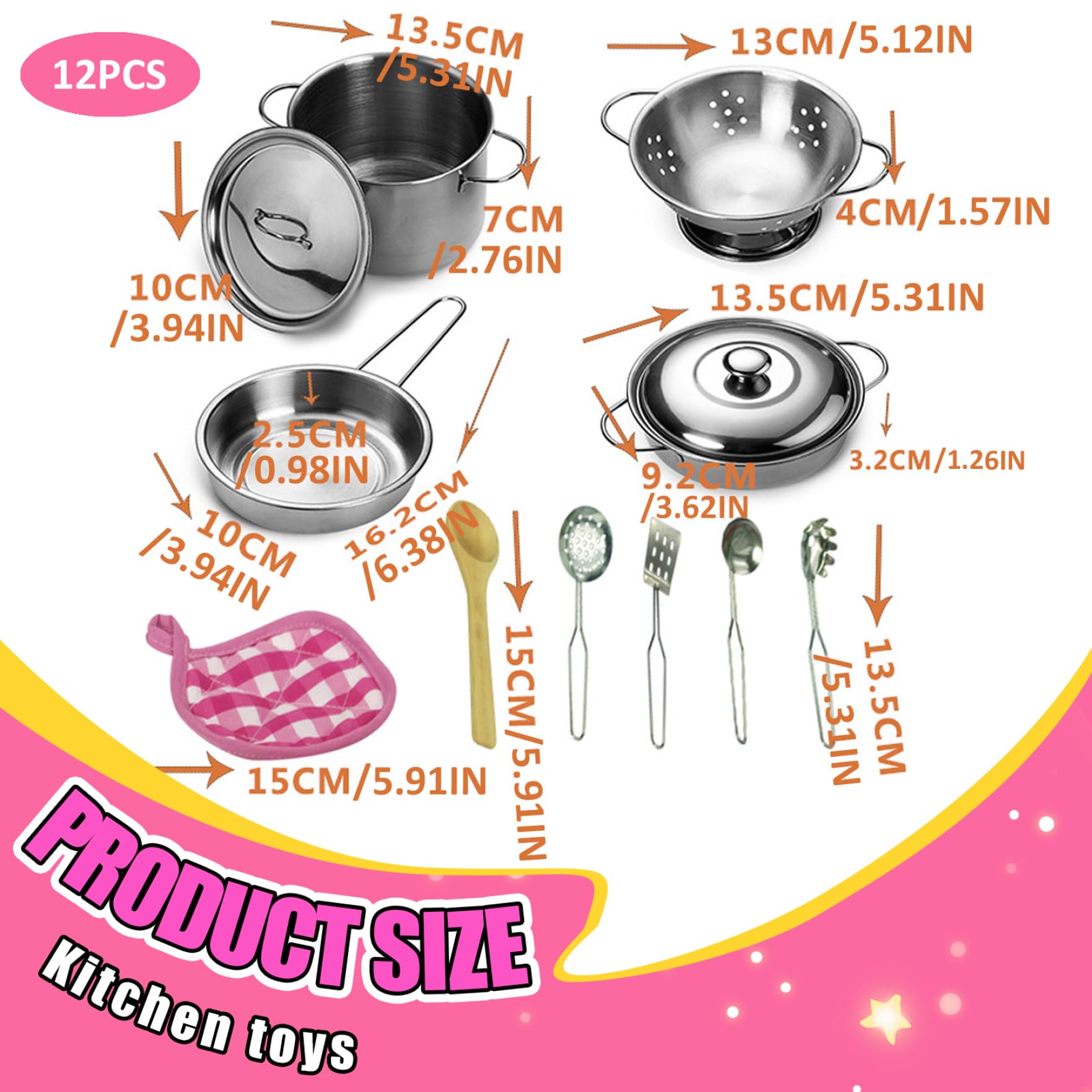 Set di pentole e padelle da gioco in acciaio inossidabile 12 pezzi/set – Fingi utensili da cucina con custodia per bambini