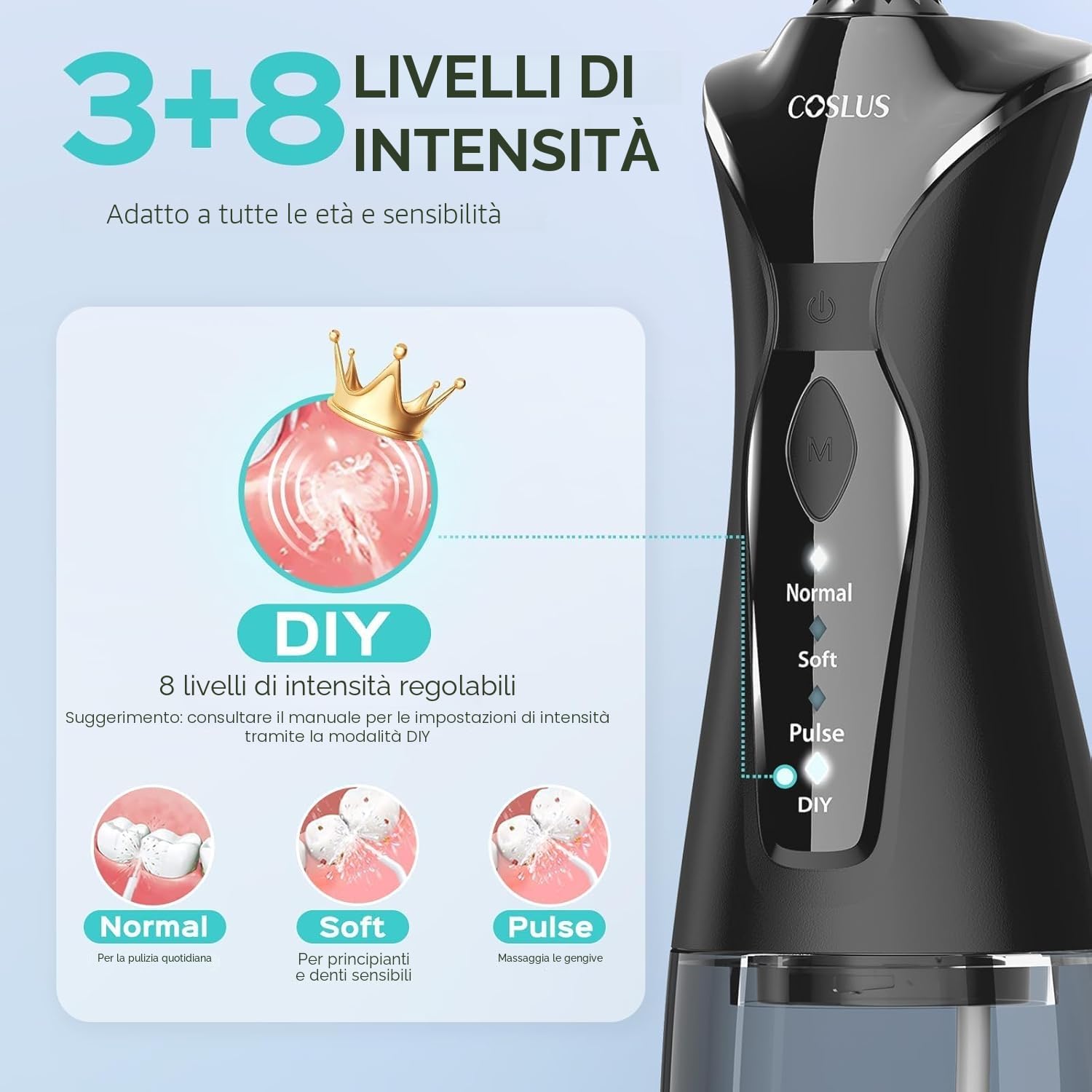 COSLUS C30 Idropulsore Dentale Portatile: 300ml Irrigatore Orale Senza Fili, 4 Modalità Idropulsore Dentale, Vincitore del Test 30 Giorni, Facile da Usare, IPX7 Impermeabile, Nero