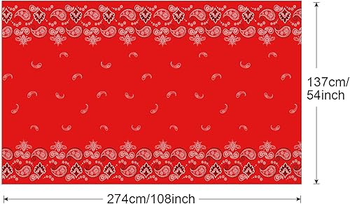 Miniatura 3 de PHOGARY Mantel de fiesta occidental de 2 piezas, bandana desechable con temática de vaquero, mantel de plástico con estampado de cachemira roja,