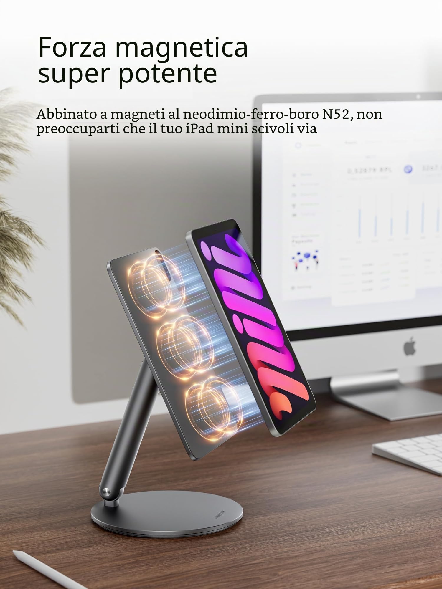 LULULOOK Supporto magnetico per iPad mini 7 con base girevole a 360°, in alluminio pieghevole, supporto per tablet da scrivania per Apple iPad mini (A17 Pro) 2024/6 (8,3" 2021), grigio