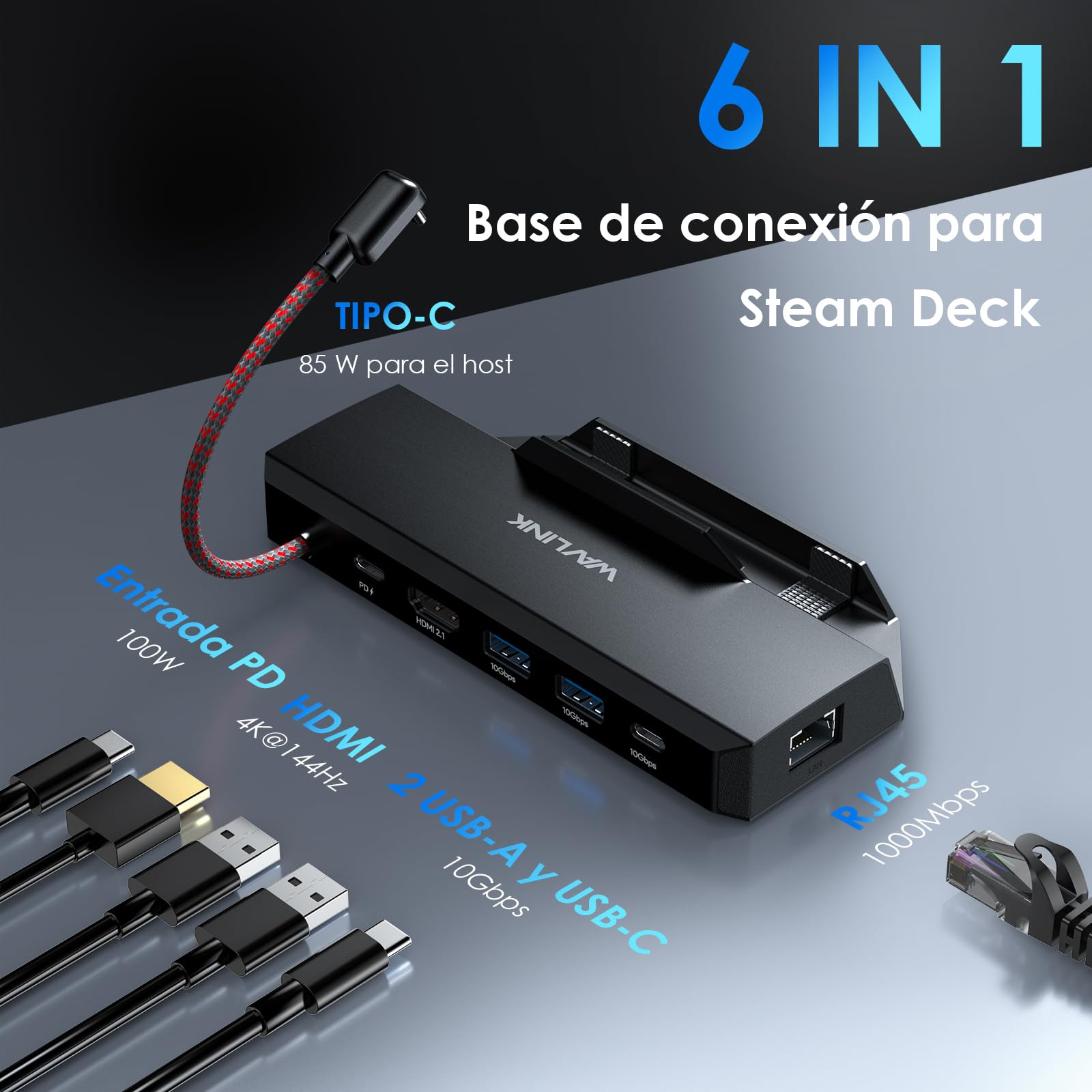 WAVLINK Base para Steam Deck, estación de Acoplamiento 6 en 1 para Steam Deck/ROG Ally con HDMI 2.1 4K a 144 Hz, Entrada PD de 100 W, 3 Puertos USB 3.2 de 10 Gbps y RJ45 Gigabit. | Entrada de 100 W, Gigabit RJ45, 2 × USB-A 10 Gb, 1 × USB-C 10 Gb, compatib