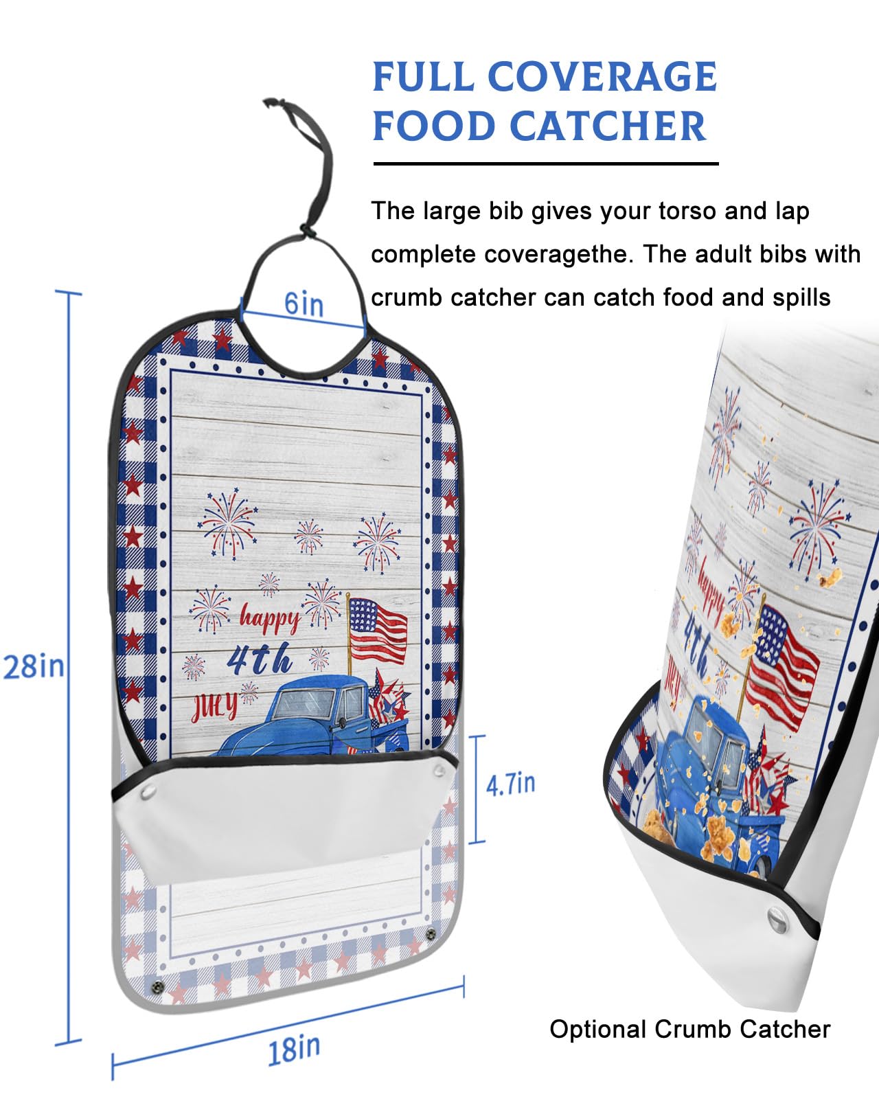 Adult Bibs for Elderly Women - Happy 4th of July Waterproof Dining Clothing Protectors with Crumb Catcher for Eating/Feeding, Blue Truck American Flag on Wood Terry Cloth Bib Machine Washable