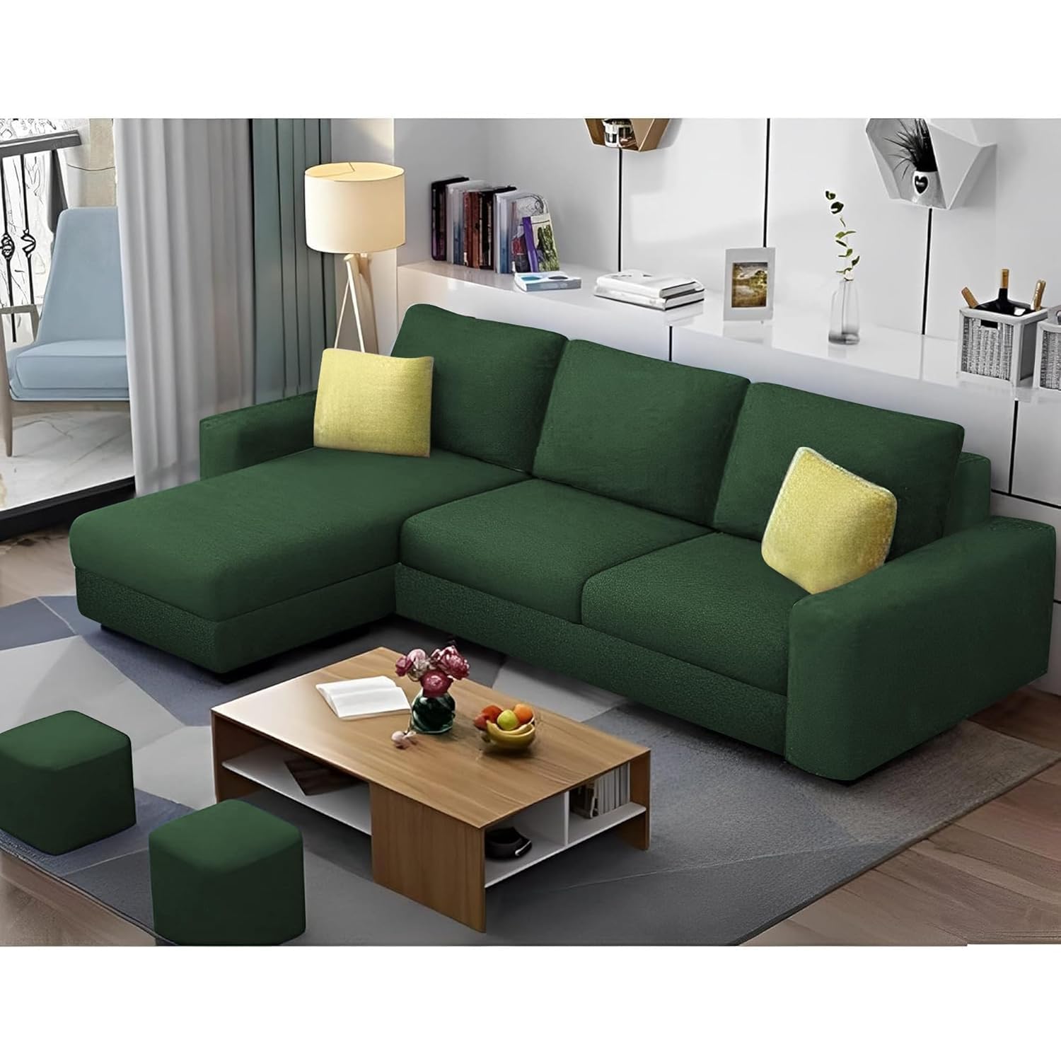 Casaliving Rolando LHS 4 Seater L Shape Sofa with 2 Puffy Set for Living Room | Colour - Green Colour Fabric | Premium Fabric Sofa-picture-12