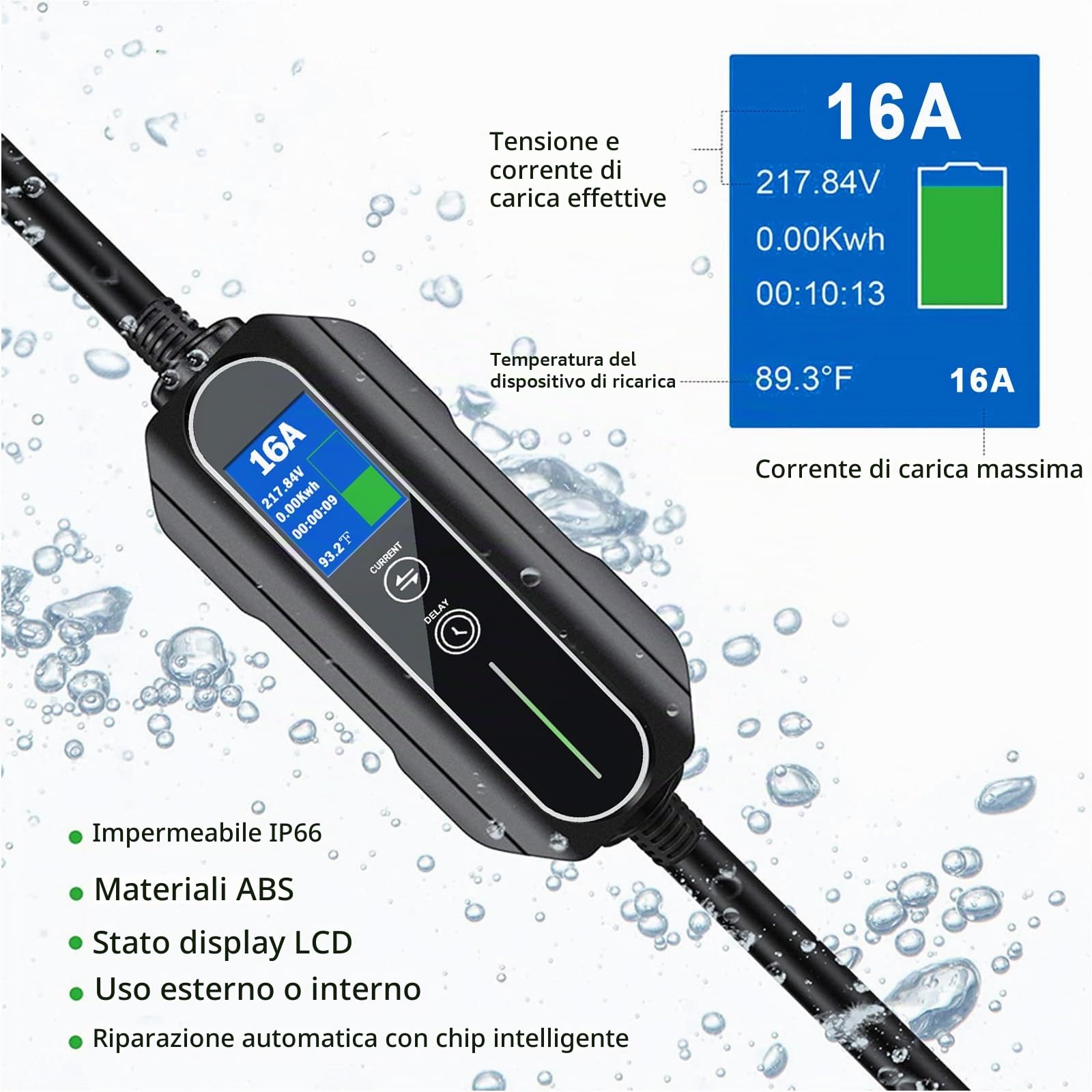 Cavo Ricarica Auto Elettrica Tipo 2 16A 3.6KW Schuko 5 metri Portatile Regolabile Standard Europeo con Scatola di Ricarica Commutabile impermeabile IP66 con Borsa (Nero)
