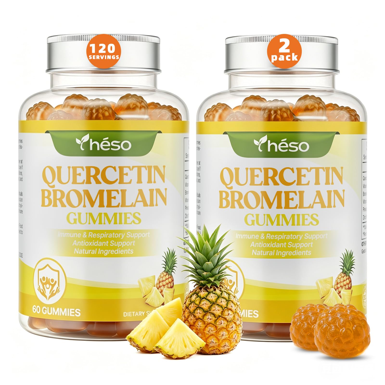 Quercetin Gummies 500mg with Bromelain, Vitamin C, D3 & Zinc – Sugar Free Immune Support Supplement – Pineapple Enzyme Antioxidant Complex, 120 Gummies (2 Pack, 60 Servings) 60 Count (Pack of 2)