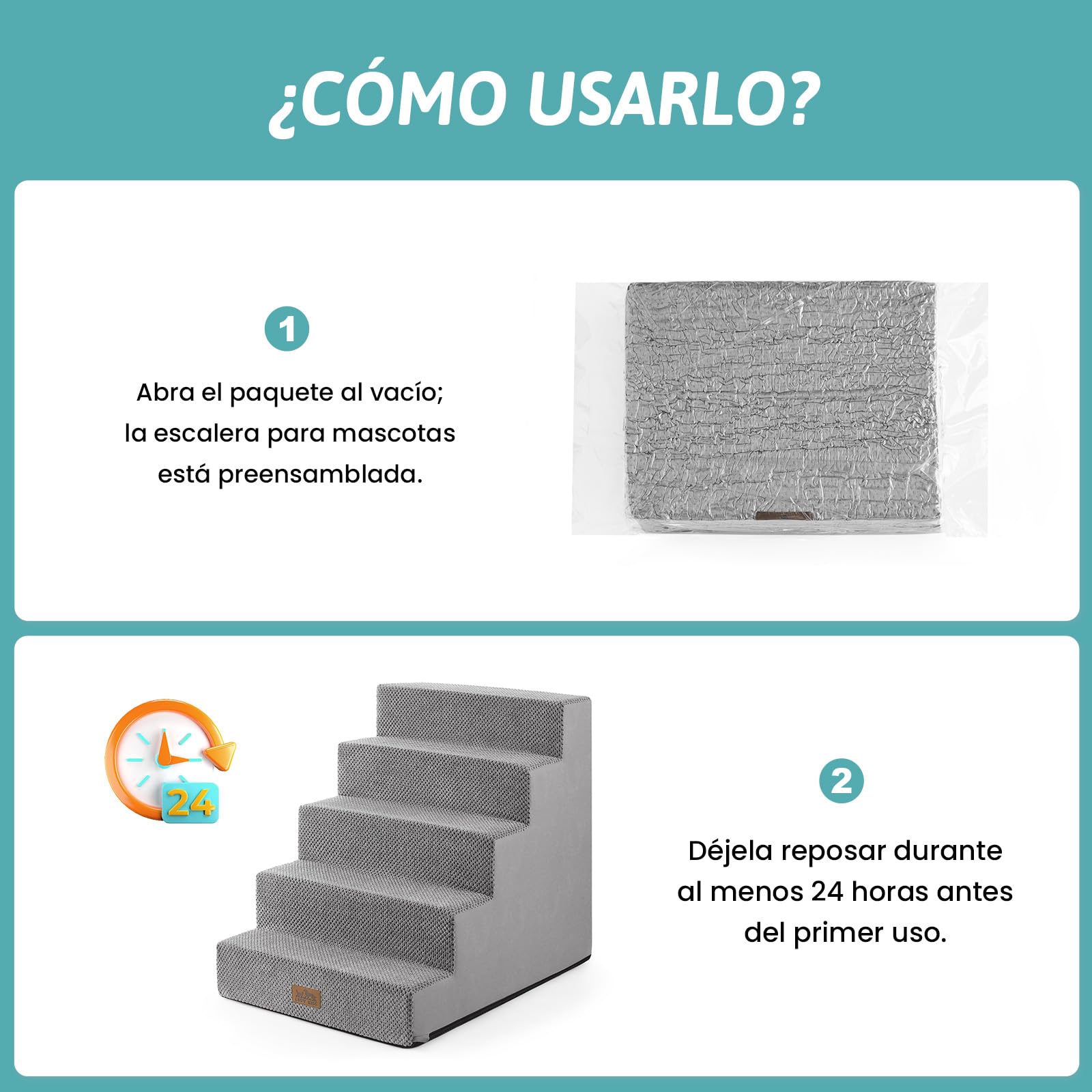 COZY KISS Escalera para Perros Pequeños 50 cm de Ancho, Escalera para Mascotas para Cama Sofá con Funda Lavable, Escalera para Gatos de Espuma de Alta Densidad (Gris, 75x50x60cm, 5)