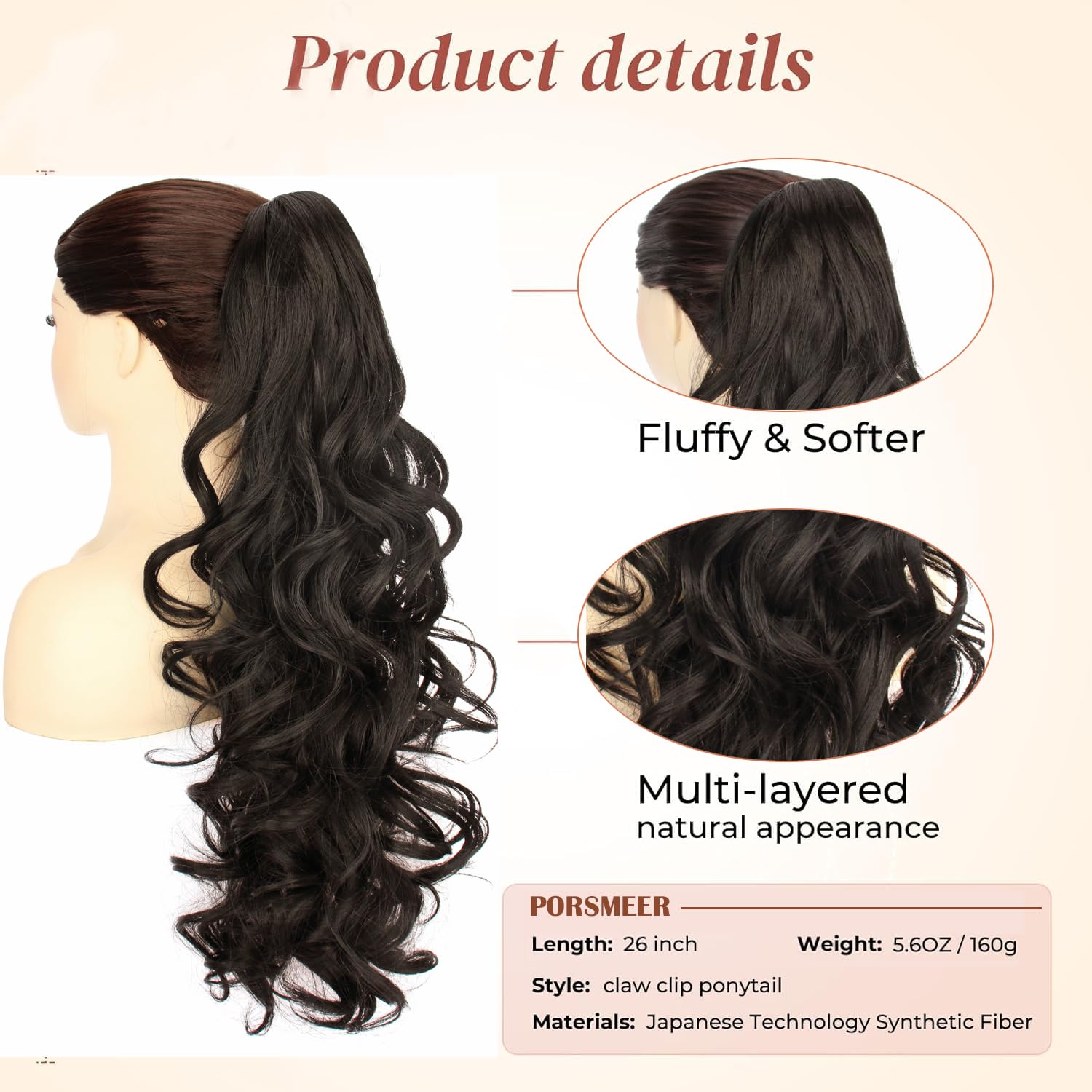 PORSMEER Ponytail Hair Extension Claw Clip in Ponytail Extensions Long Curly Wavy Ponytail Hair Extension Jaw Clip on Pony Tails Hairpiece for Women 26 inches (Black brown) - Image 4