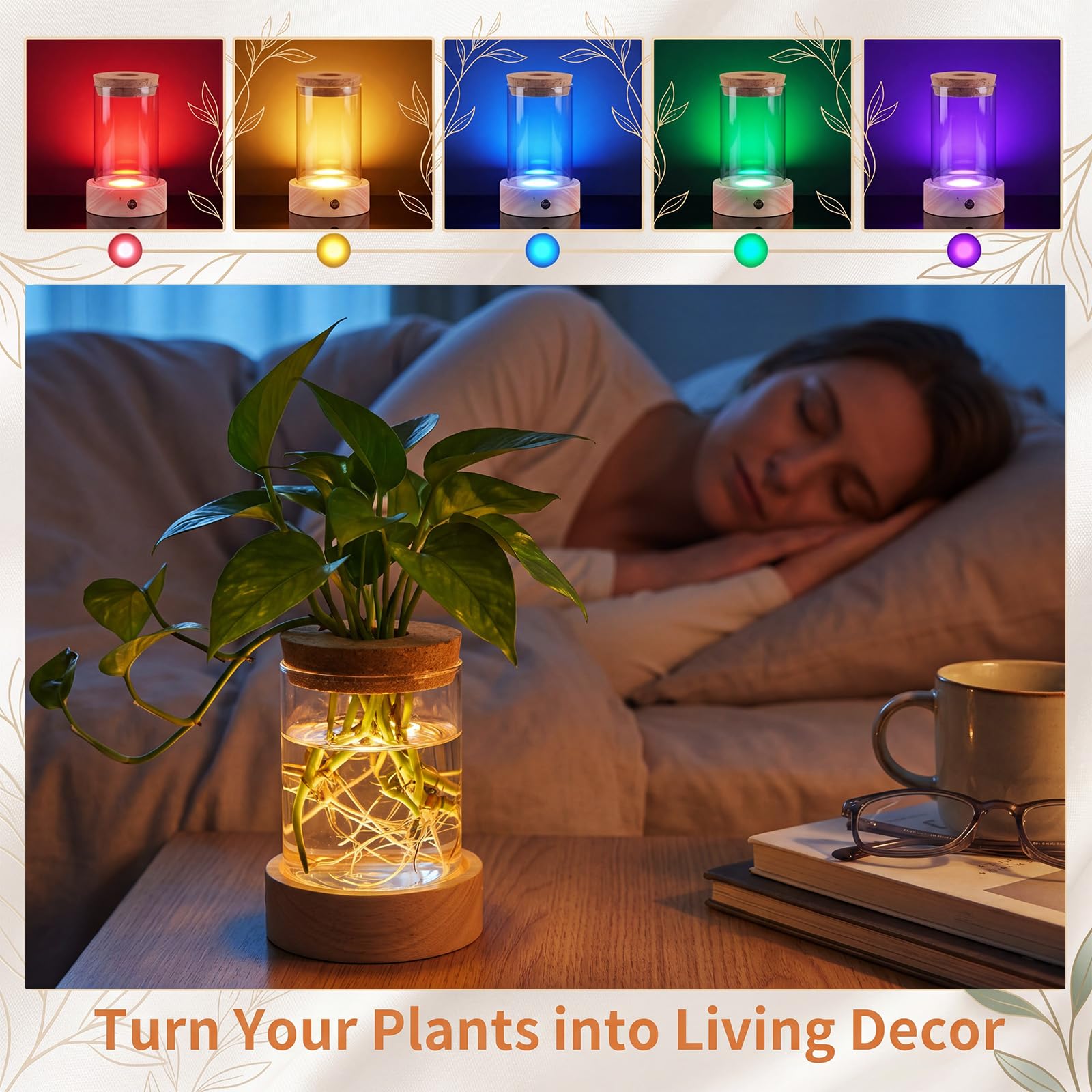 Junkin Pflanzen-Anzuchtstation mit 7 Farben einstellbarem LED-Licht, Glas-Pflanzen-Terrarium für Hydrokulturvasen, Stecklinge, Blumen, Heimbüro-Dekoration, Pflanzgefäßliebhaber, Geschenke, 4 Stück