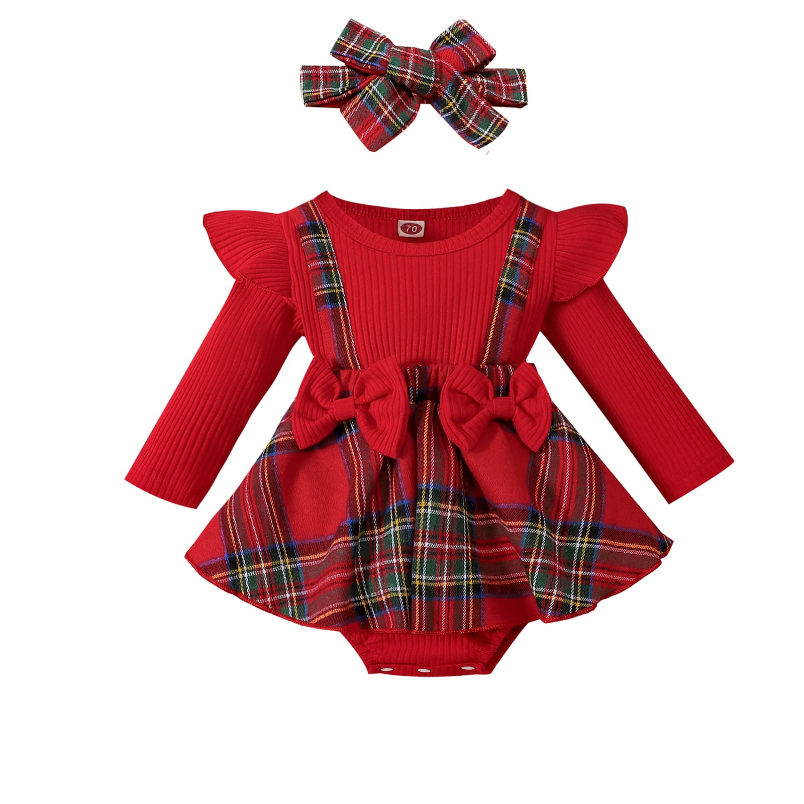 Hnyenmcko Newborn Baby Girl Christmas Clothes Infant Red Plaid Romper Dress Ruffle Long Sleeve Ribbed Bodysuit Headband Set (C-Red, 0-3 Months)