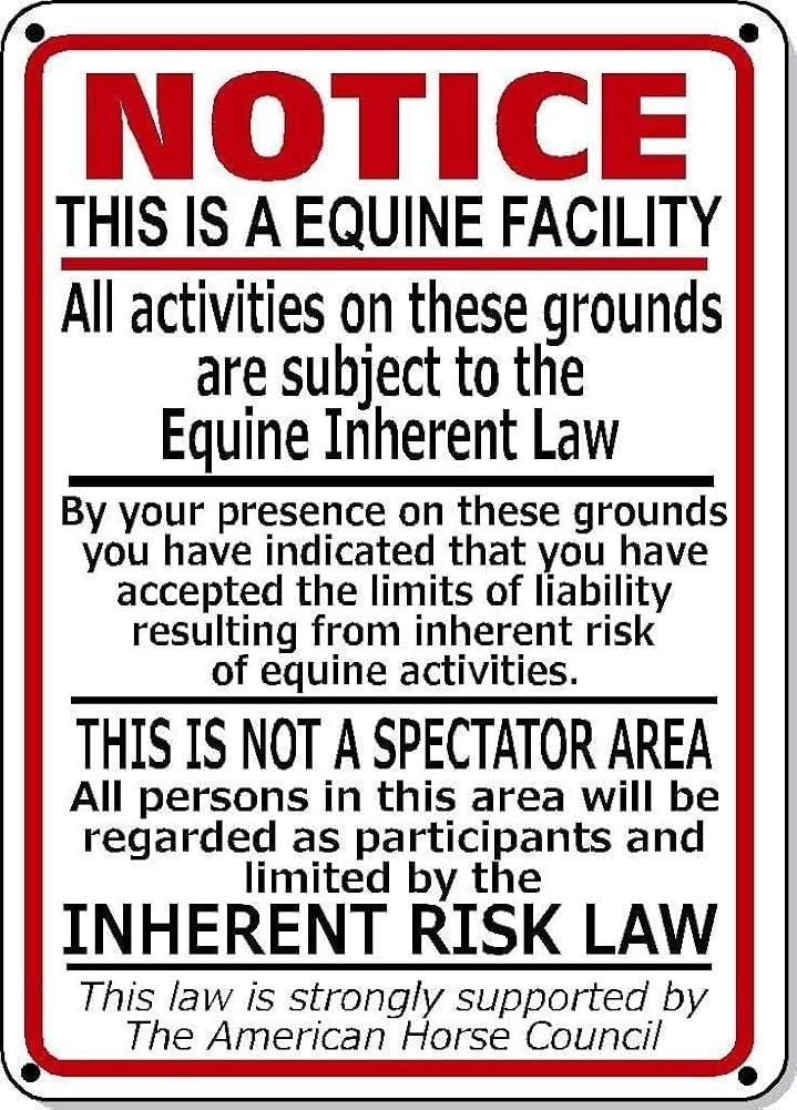 Supplemental Equine Liability Tin Sign Warning Statute Horse Barn Stable Gift For Women Men 8x12 Inch
