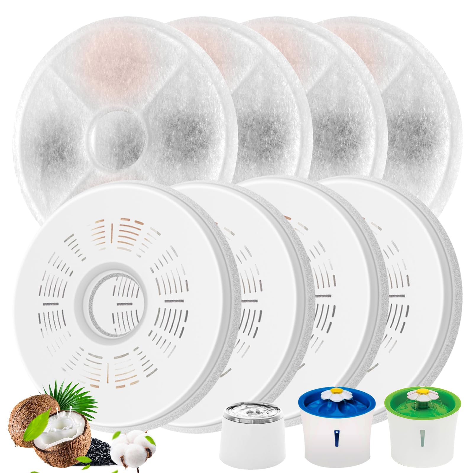Rigidstone Filtros de Fuente de Agua para Gatos, 8 Piezas Filtros de Fuente para Gatos, Fuente para Gatos para Fuente dispensadora de Agua para Mascotas 3L Flower, Carbón Activado de Algodón & Resina
