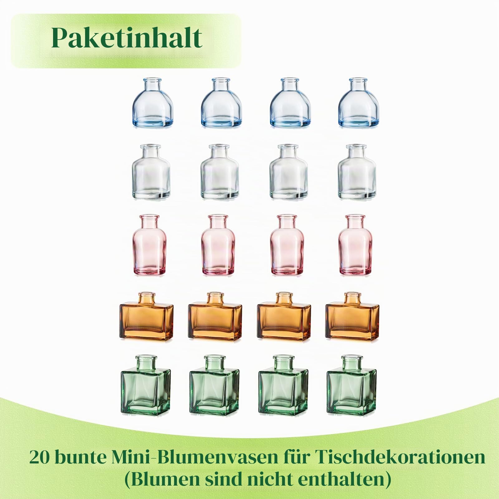 Hewory Kleine Vasen für Tischdeko: 20er Bunt Mini Vasen Set Verschiedene Deko Vase Glas, Kleine Glasvasen Mini Glasflaschen Vasen Deko, Kleine Blumenvasen für Hochzeitsdeko Party Deko Wohnzimmer