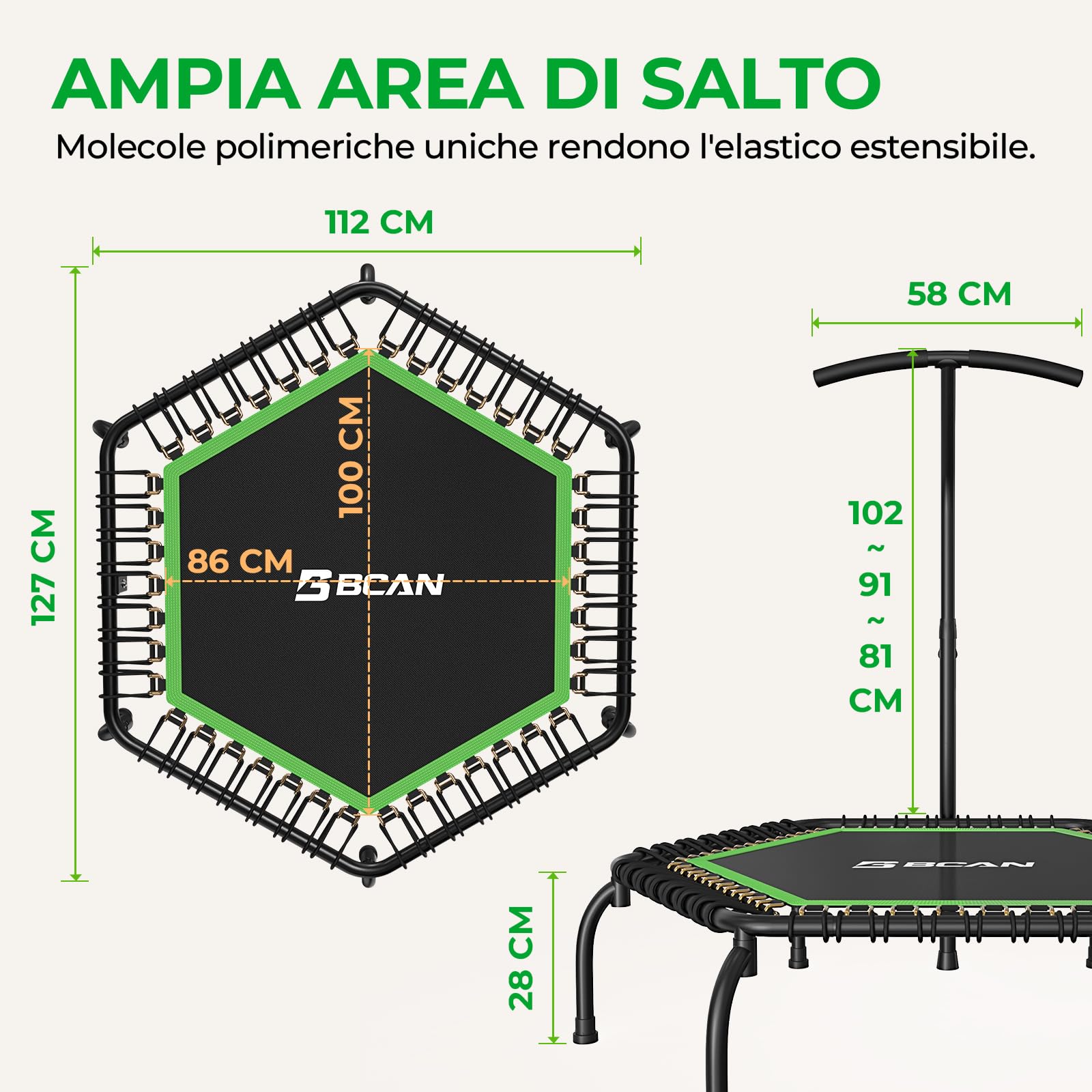 Trampolino da interno BCAN Fitness, diametro Ø 102/122/130 cm, mini trampolino elastico/a molla, adatto per adulti fino a 204/250 kg, con maniglie regolabili, silenzioso e a basse vibrazioni