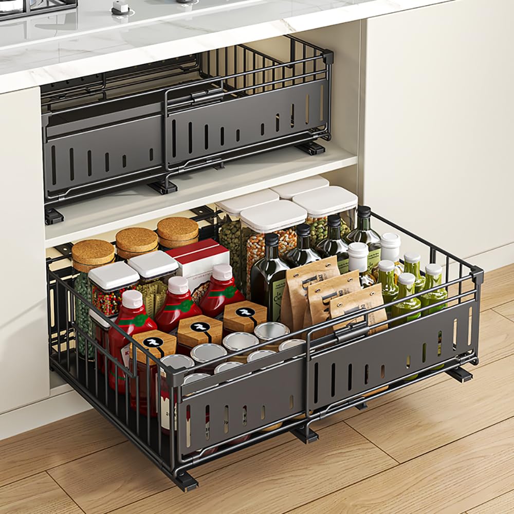 YunNasi Expandable Pull Out Cabinet Organizer Slide Out Kitchen Drawer Storage Shelves Cupboard Organizer for Pantry No Need Drilling and Nailing (Black, 2Pieces:38Dx17Hx32-50W)