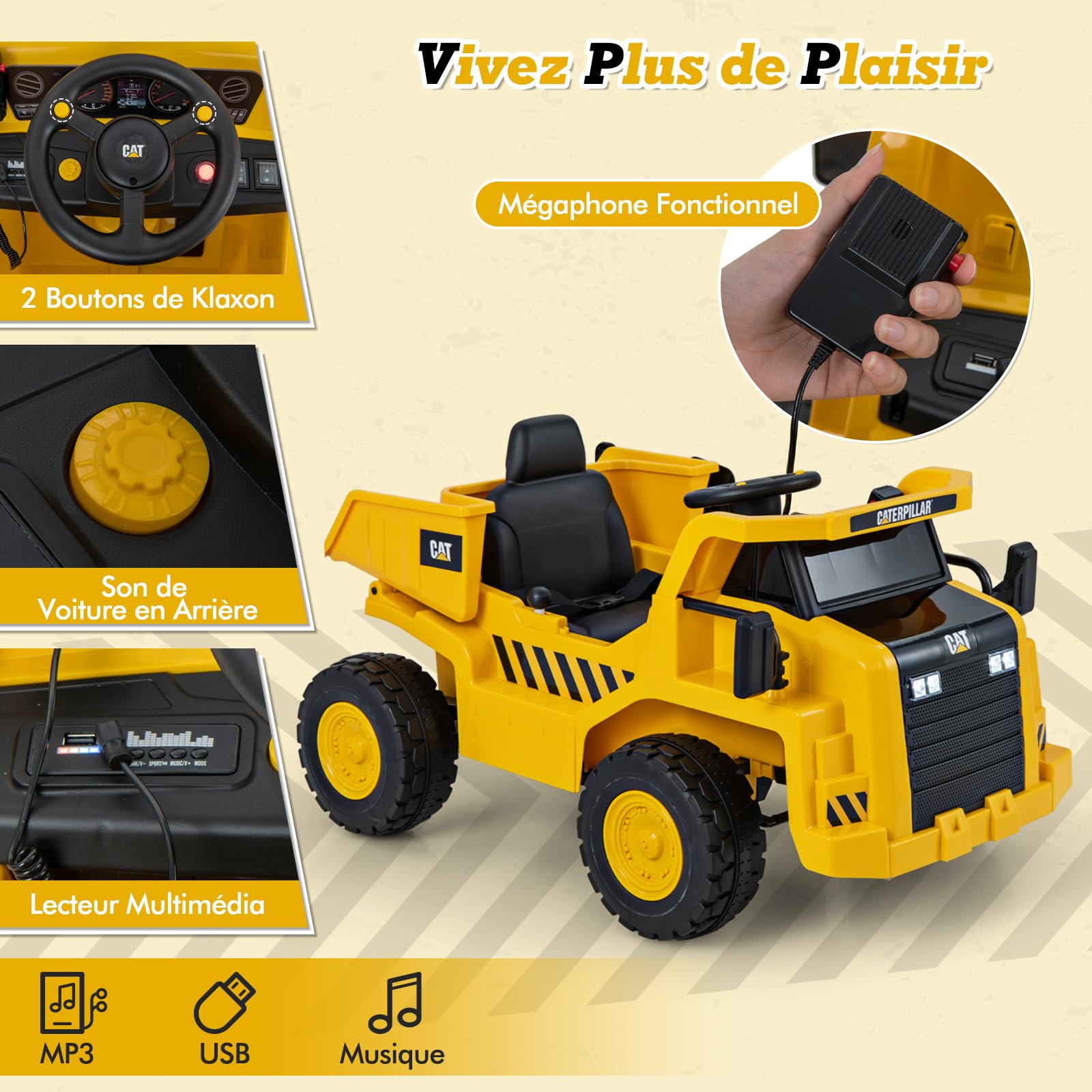 COSTWAY 12V Camion Électrique Caterpillar Enfant avec Pelle à Sable & Benne Basculante, Voiture Électrique avec Musique & Lumières, Télécommande & Pédale, 3-4KM/H, Charge 30kg pour 3-6 Ans